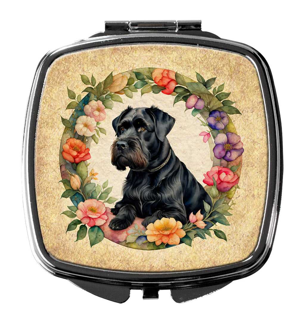 Giant Schnauzer and Flowers Compact Mirror Decorative Travel Makeup Mirror for Women Girls Gifts Pocket Makeup Mirror Folding Handheld