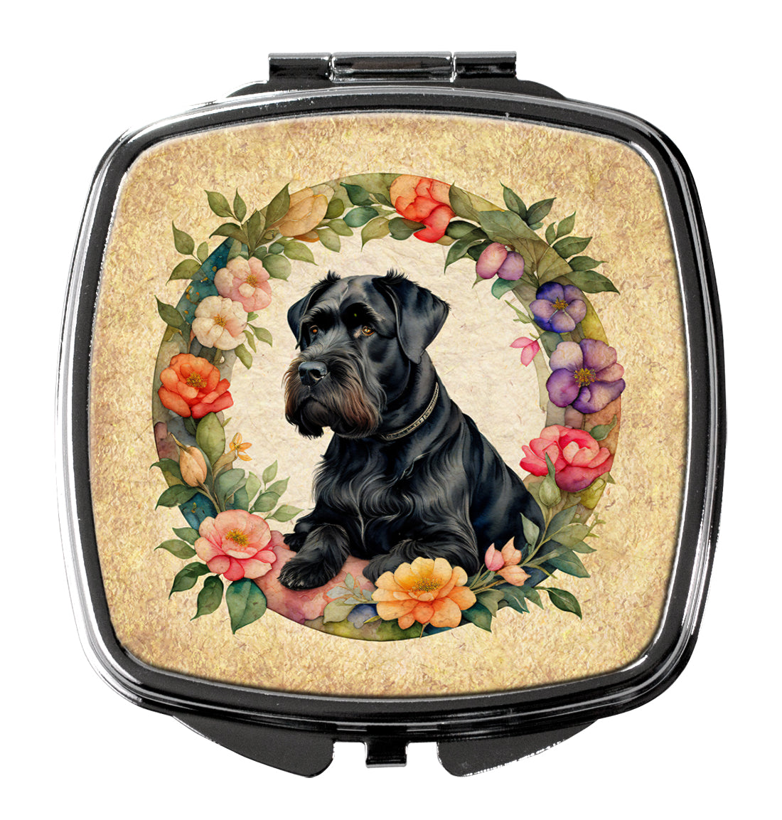 Giant Schnauzer and Flowers Compact Mirror Decorative Travel Makeup Mirror for Women Girls Gifts Pocket Makeup Mirror Folding Handheld