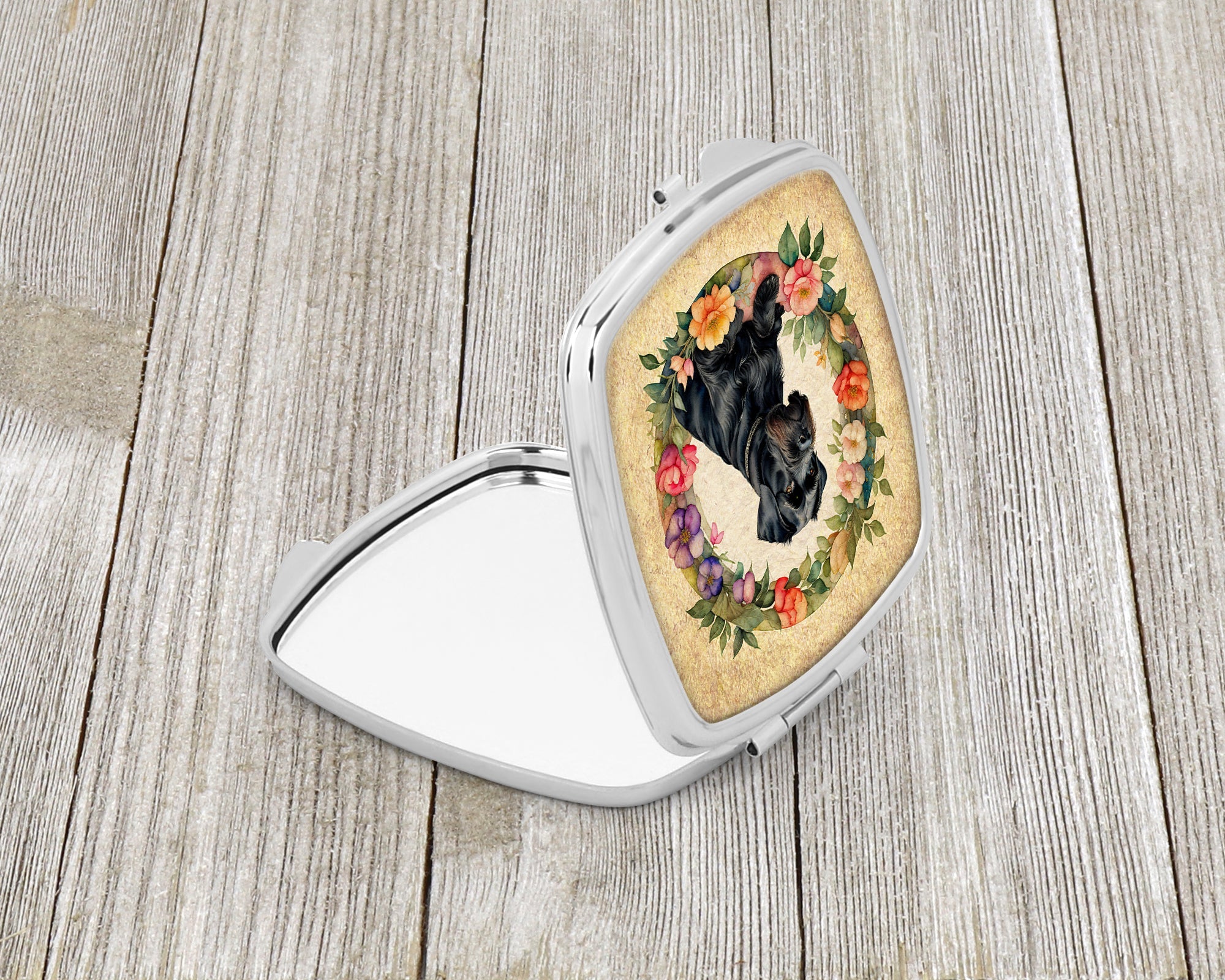 Giant Schnauzer and Flowers Compact Mirror Decorative Travel Makeup Mirror for Women Girls Gifts Pocket Makeup Mirror Folding Handheld