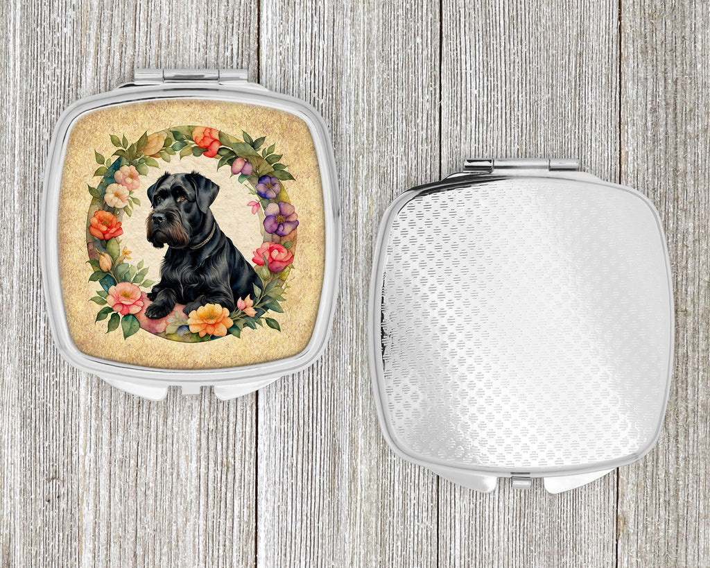 Giant Schnauzer and Flowers Compact Mirror Decorative Travel Makeup Mirror for Women Girls Gifts Pocket Makeup Mirror Folding Handheld