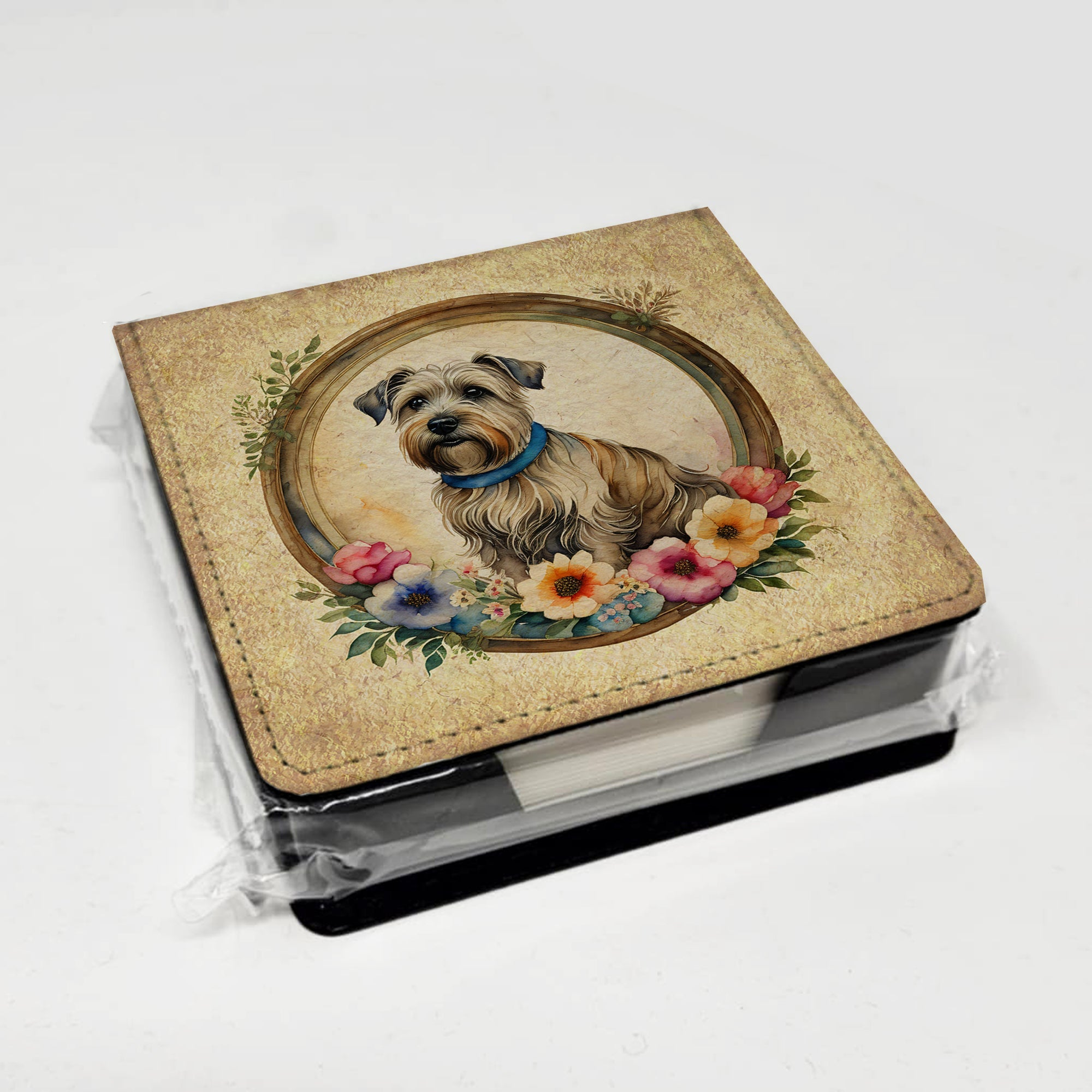 Glen of Imaal Terrier and Flowers PU Leather Note Paper Holder with Artist-Designed Cover, Desk Accessory, Office Gift