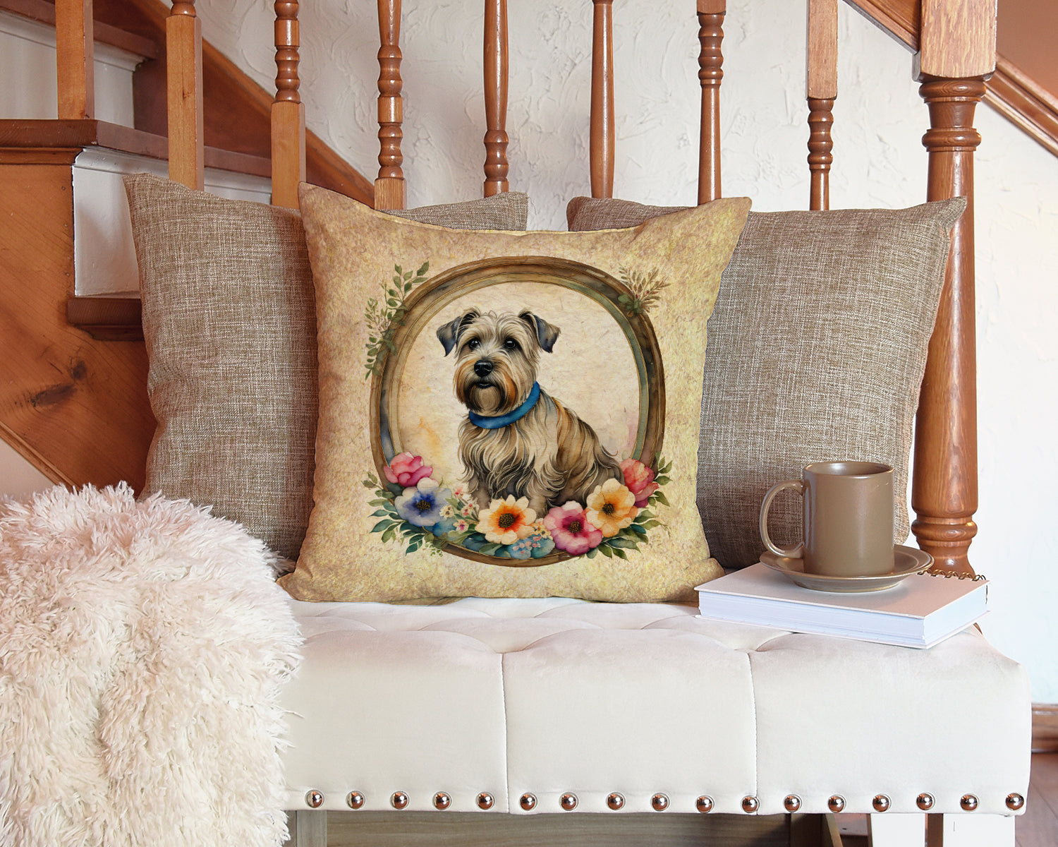 Glen of Imaal Terrier and Flowers Decorative Throw Pillow 14x14 Indoor Outdoor Accent Cushion, Fabric Cover with Insert for Sofa, Bed, Porch & Living Room