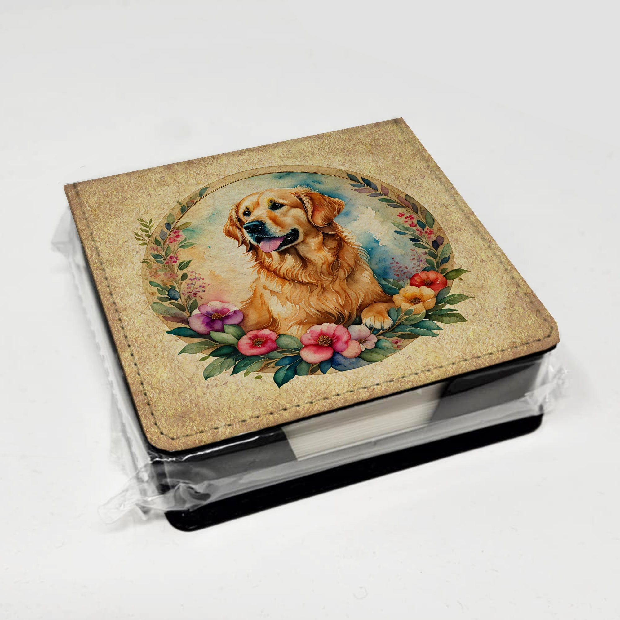 Golden Retriever and Flowers PU Leather Note Paper Holder with Artist-Designed Cover, Desk Accessory, Office Gift