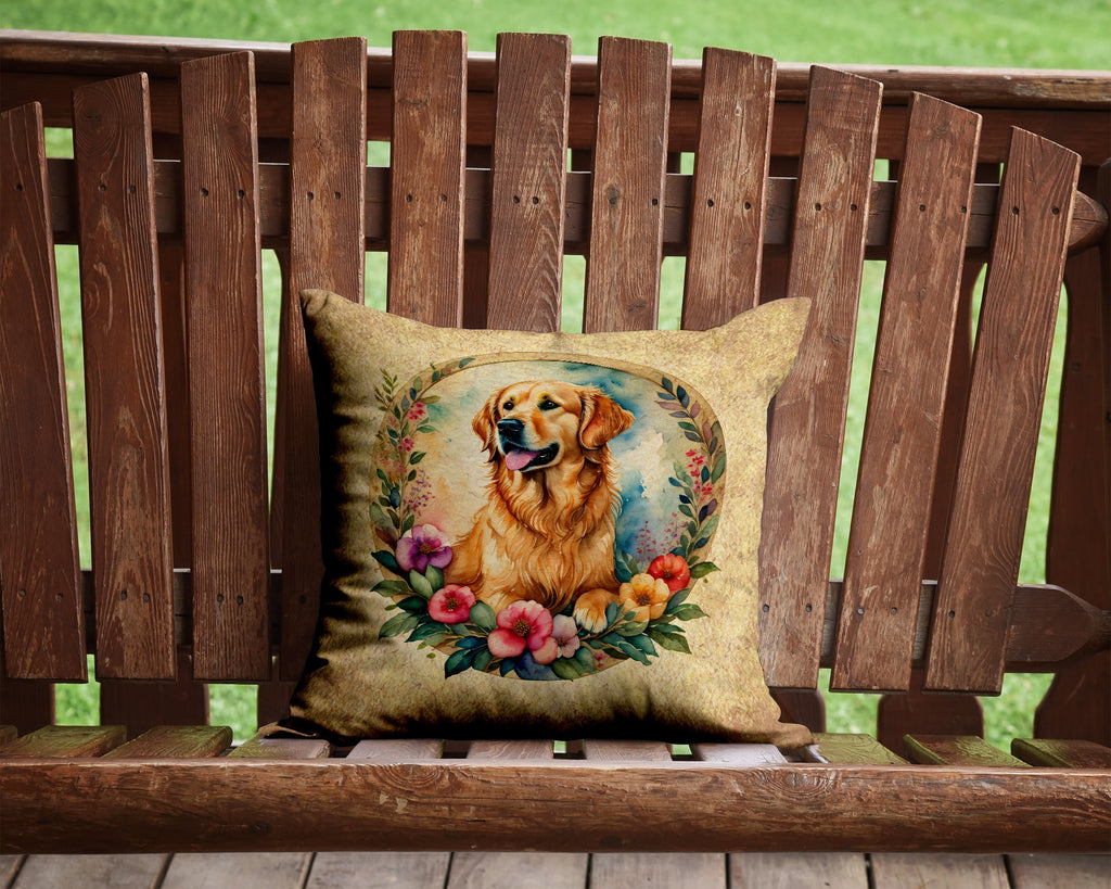 Golden Retriever and Flowers Decorative Throw Pillow 14x14 Indoor Outdoor Accent Cushion, Fabric Cover with Insert for Sofa, Bed, Porch & Living Room