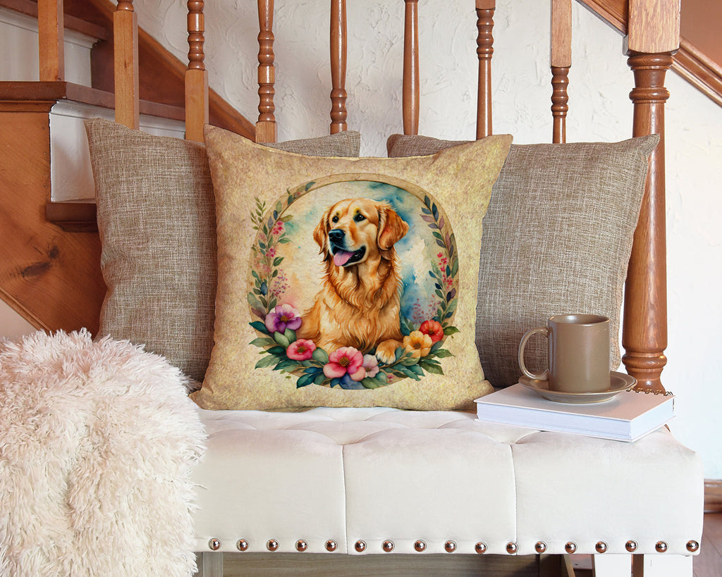 Golden Retriever and Flowers Decorative Throw Pillow 14x14 Indoor Outdoor Accent Cushion, Fabric Cover with Insert for Sofa, Bed, Porch & Living Room