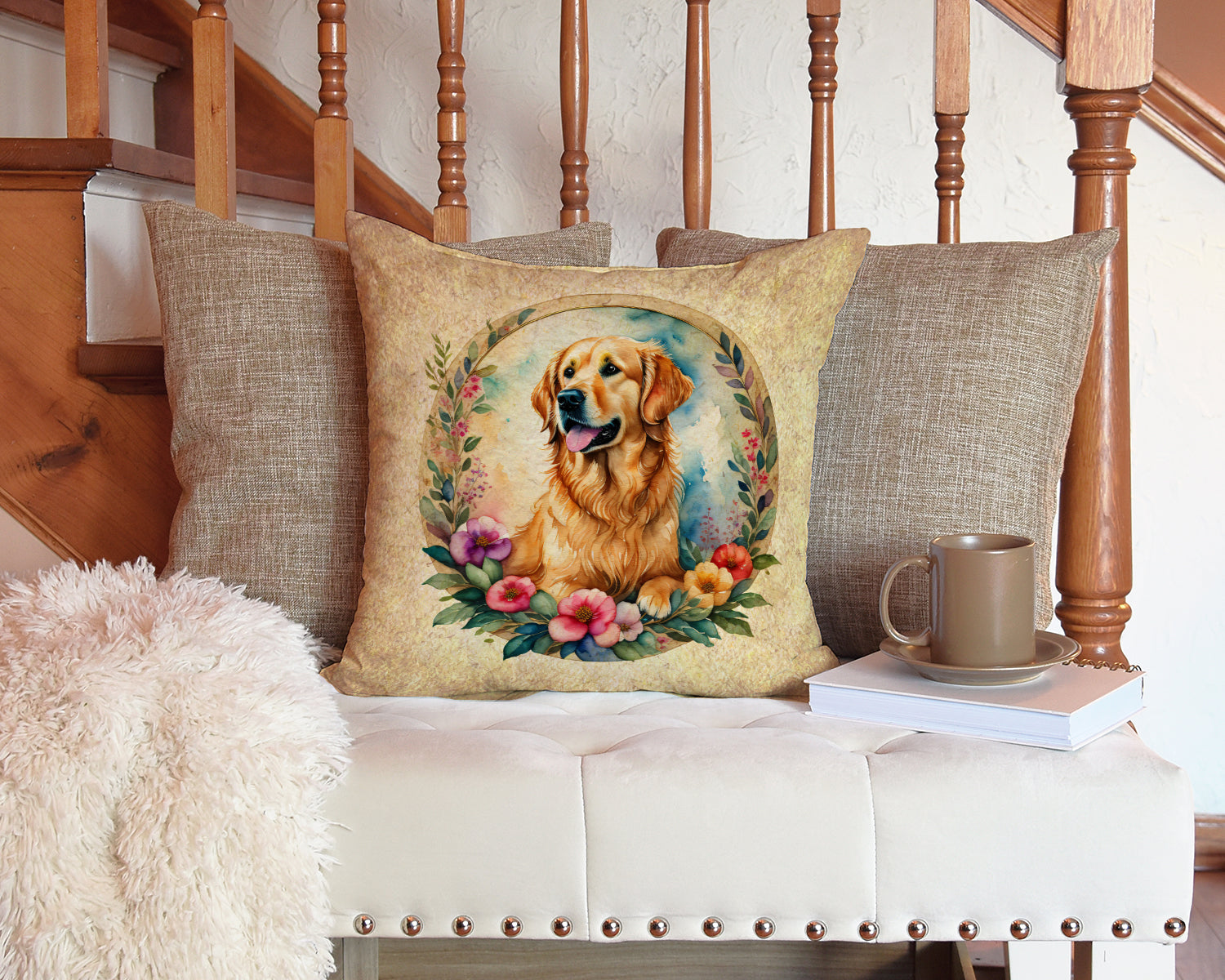 Golden Retriever and Flowers Decorative Throw Pillow 14x14 Indoor Outdoor Accent Cushion, Fabric Cover with Insert for Sofa, Bed, Porch & Living Room