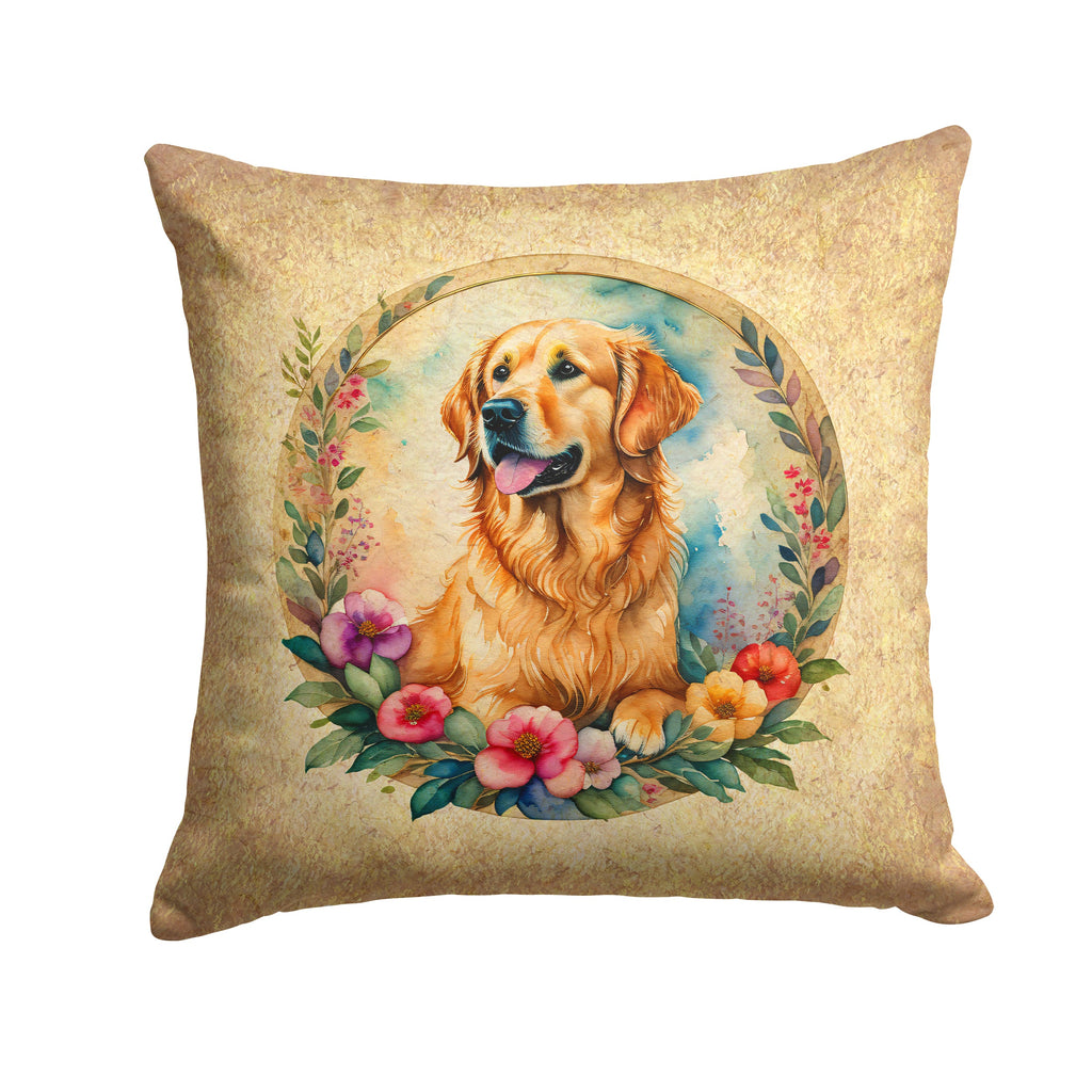 Golden Retriever and Flowers Decorative Throw Pillow 18x18 Indoor Outdoor Accent Cushion, Fabric Cover with Insert for Sofa, Bed, Porch & Living Room