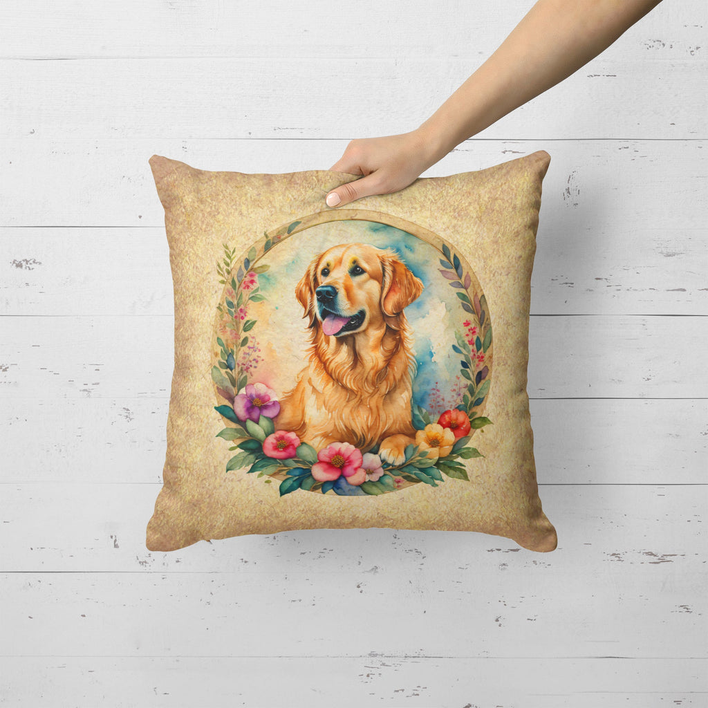 Golden Retriever and Flowers Decorative Throw Pillow 18x18 Indoor Outdoor Accent Cushion, Fabric Cover with Insert for Sofa, Bed, Porch & Living Room