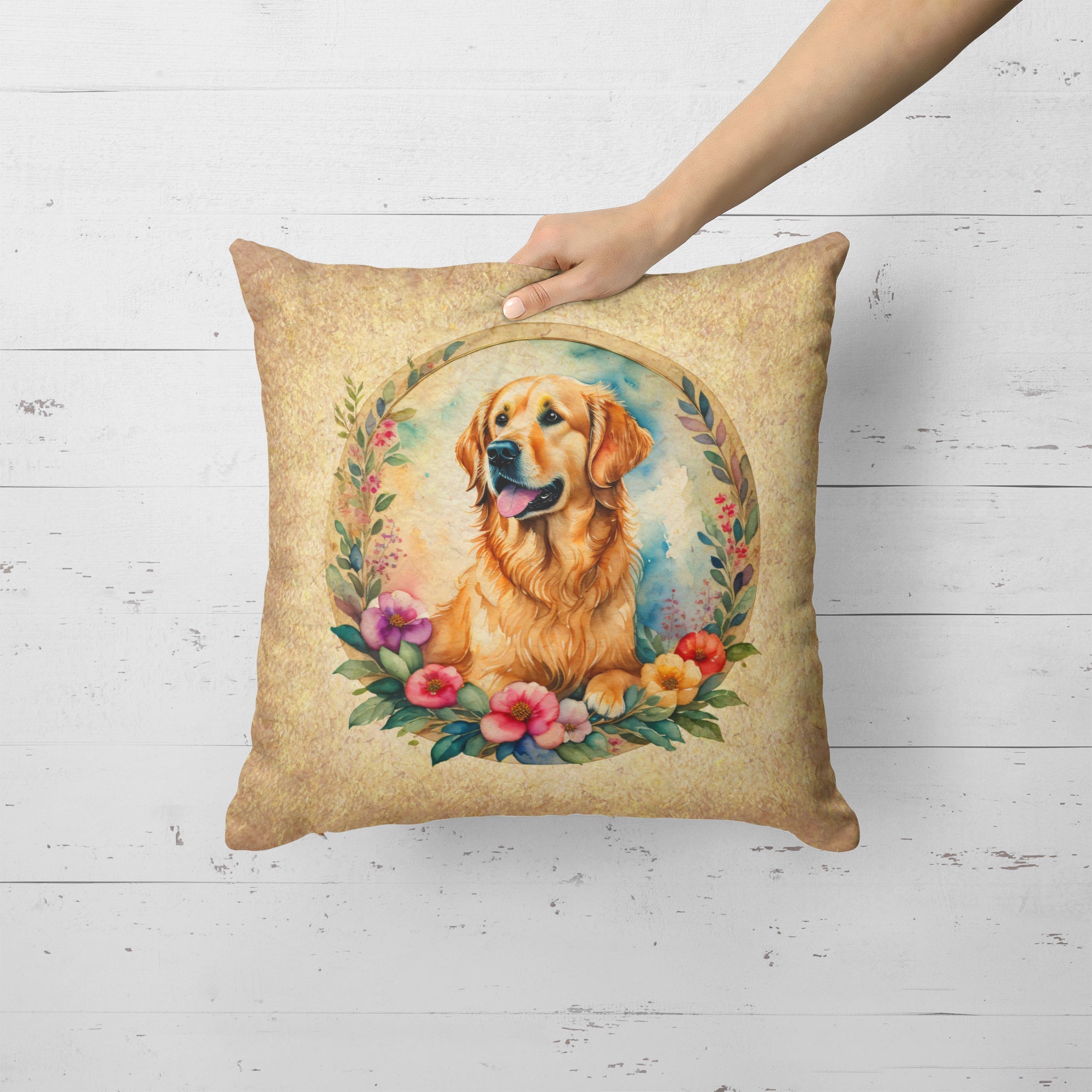 Golden Retriever and Flowers Decorative Throw Pillow 18x18 Indoor Outdoor Accent Cushion, Fabric Cover with Insert for Sofa, Bed, Porch & Living Room
