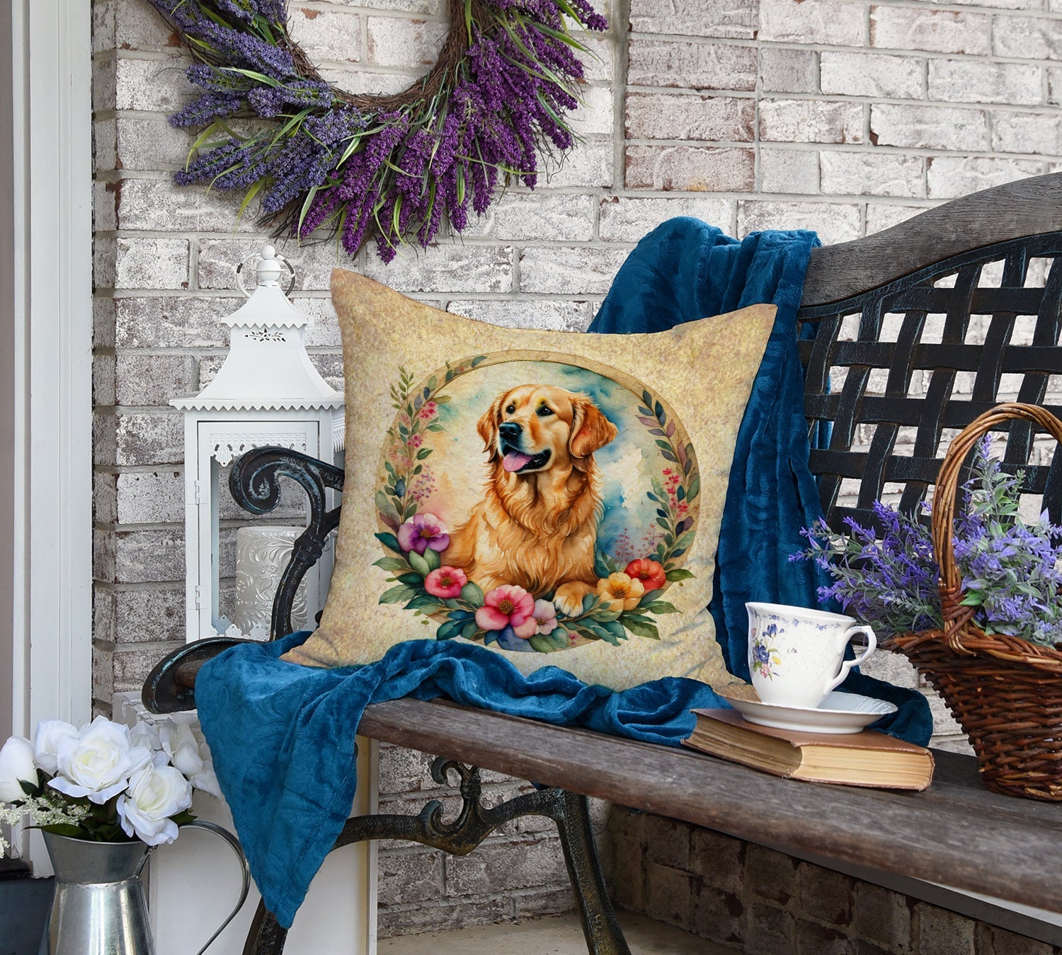 Golden Retriever and Flowers Decorative Throw Pillow 18x18 Indoor Outdoor Accent Cushion, Fabric Cover with Insert for Sofa, Bed, Porch & Living Room