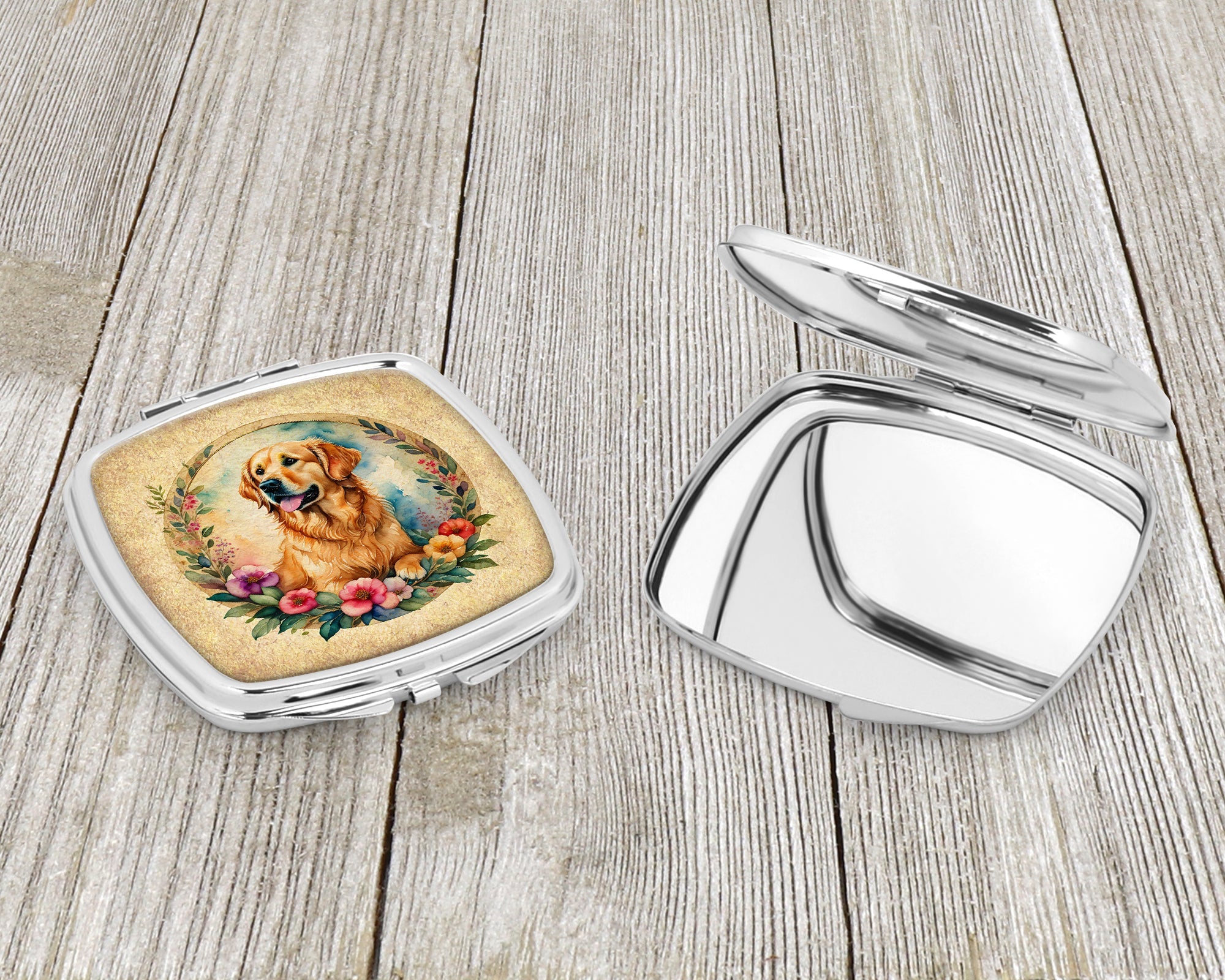 Golden Retriever and Flowers Compact Mirror Decorative Travel Makeup Mirror for Women Girls Gifts Pocket Makeup Mirror Folding Handheld