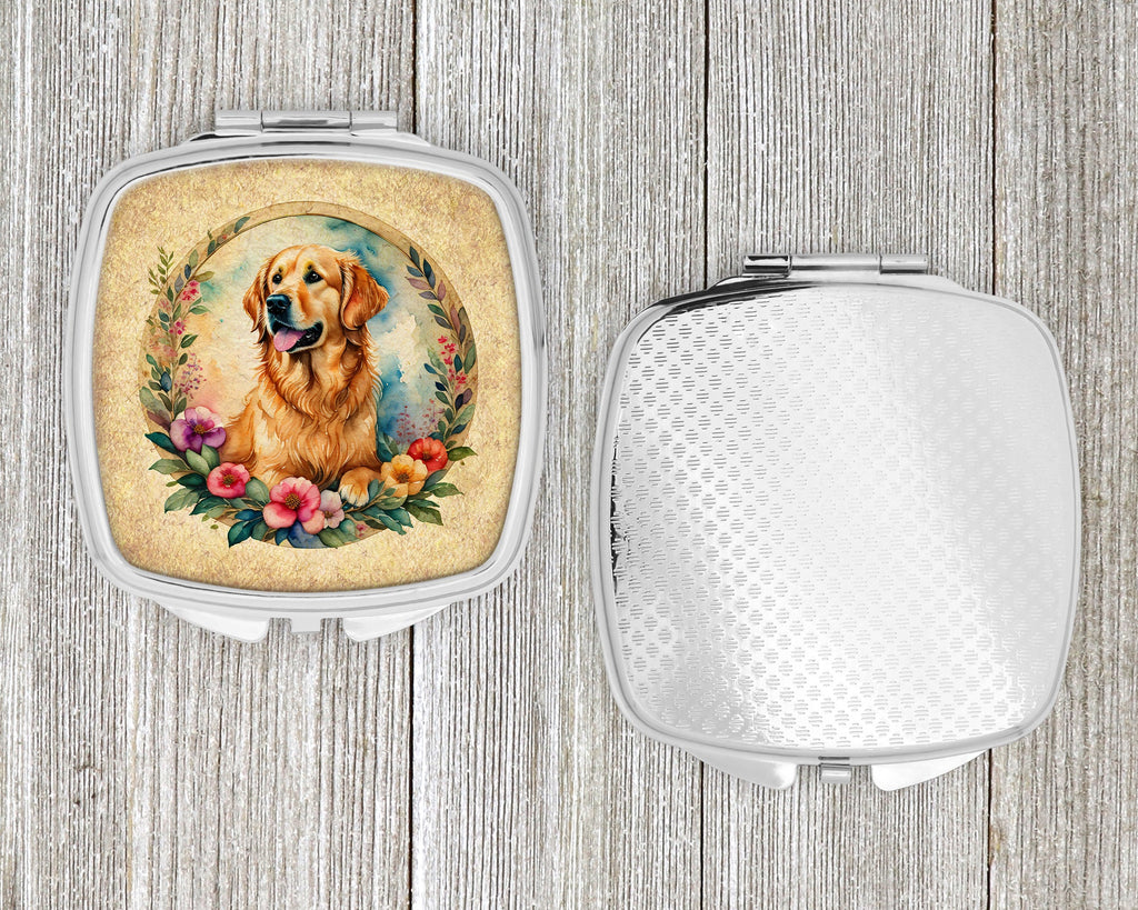 Golden Retriever and Flowers Compact Mirror Decorative Travel Makeup Mirror for Women Girls Gifts Pocket Makeup Mirror Folding Handheld