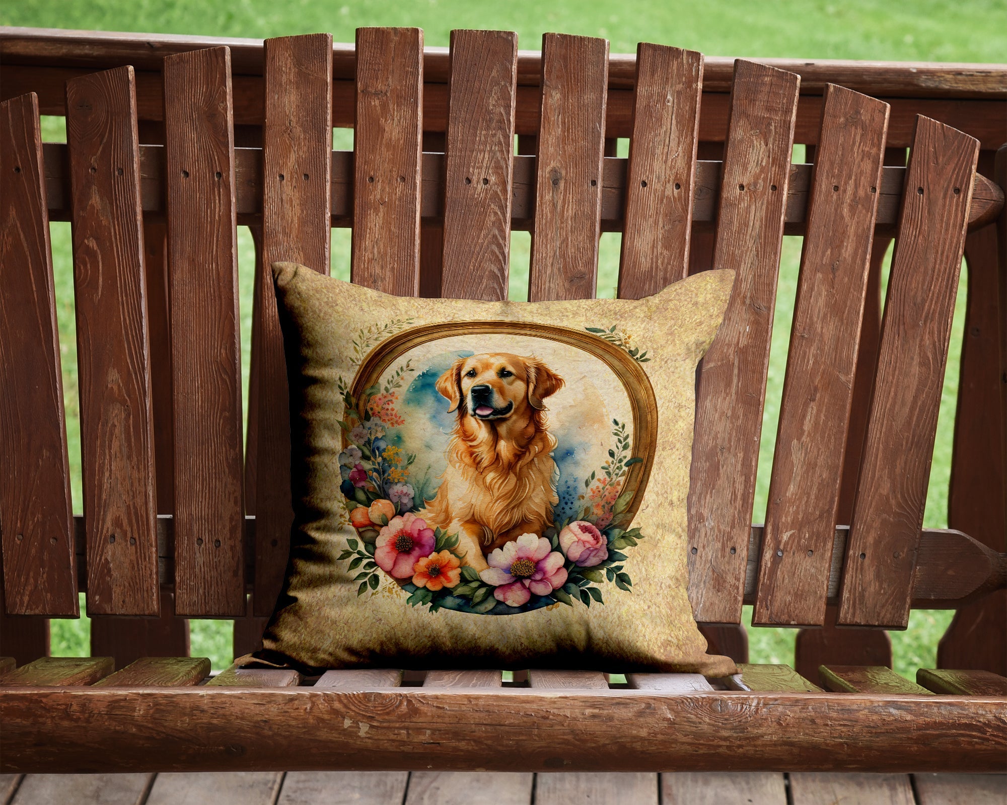 Golden Retriever and Flowers Decorative Throw Pillow 14x14 Indoor Outdoor Accent Cushion, Fabric Cover with Insert for Sofa, Bed, Porch & Living Room