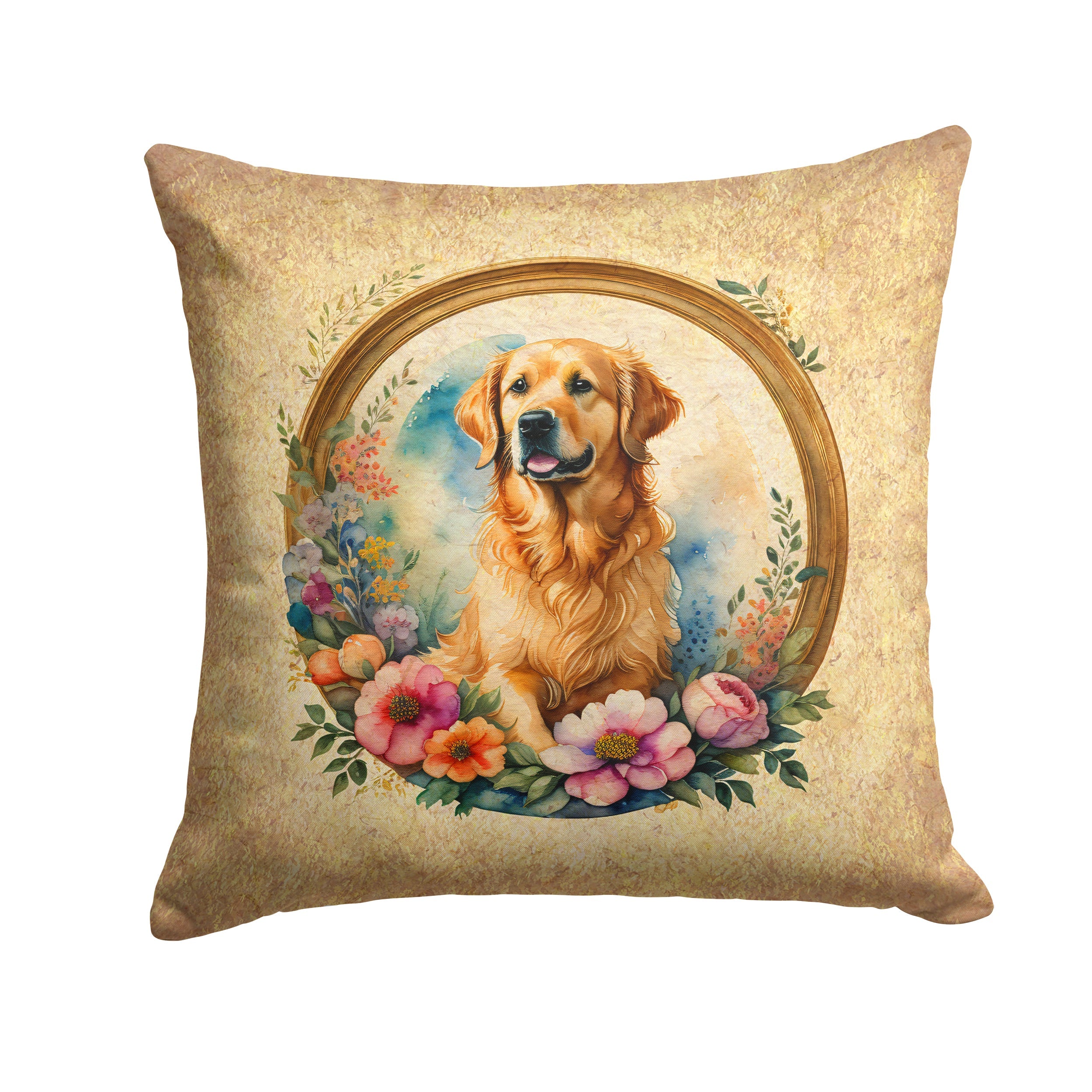 Golden Retriever and Flowers Decorative Throw Pillow 18x18 Indoor Outdoor Accent Cushion, Fabric Cover with Insert for Sofa, Bed, Porch & Living Room