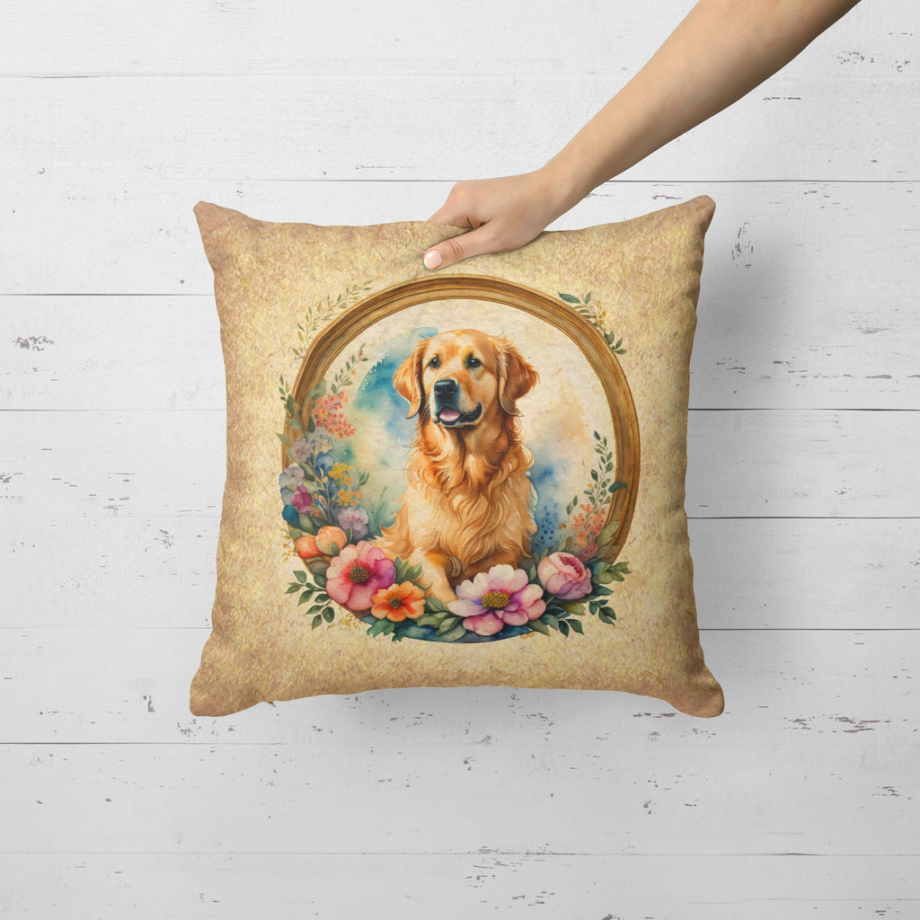 Golden Retriever and Flowers Decorative Throw Pillow 18x18 Indoor Outdoor Accent Cushion, Fabric Cover with Insert for Sofa, Bed, Porch & Living Room