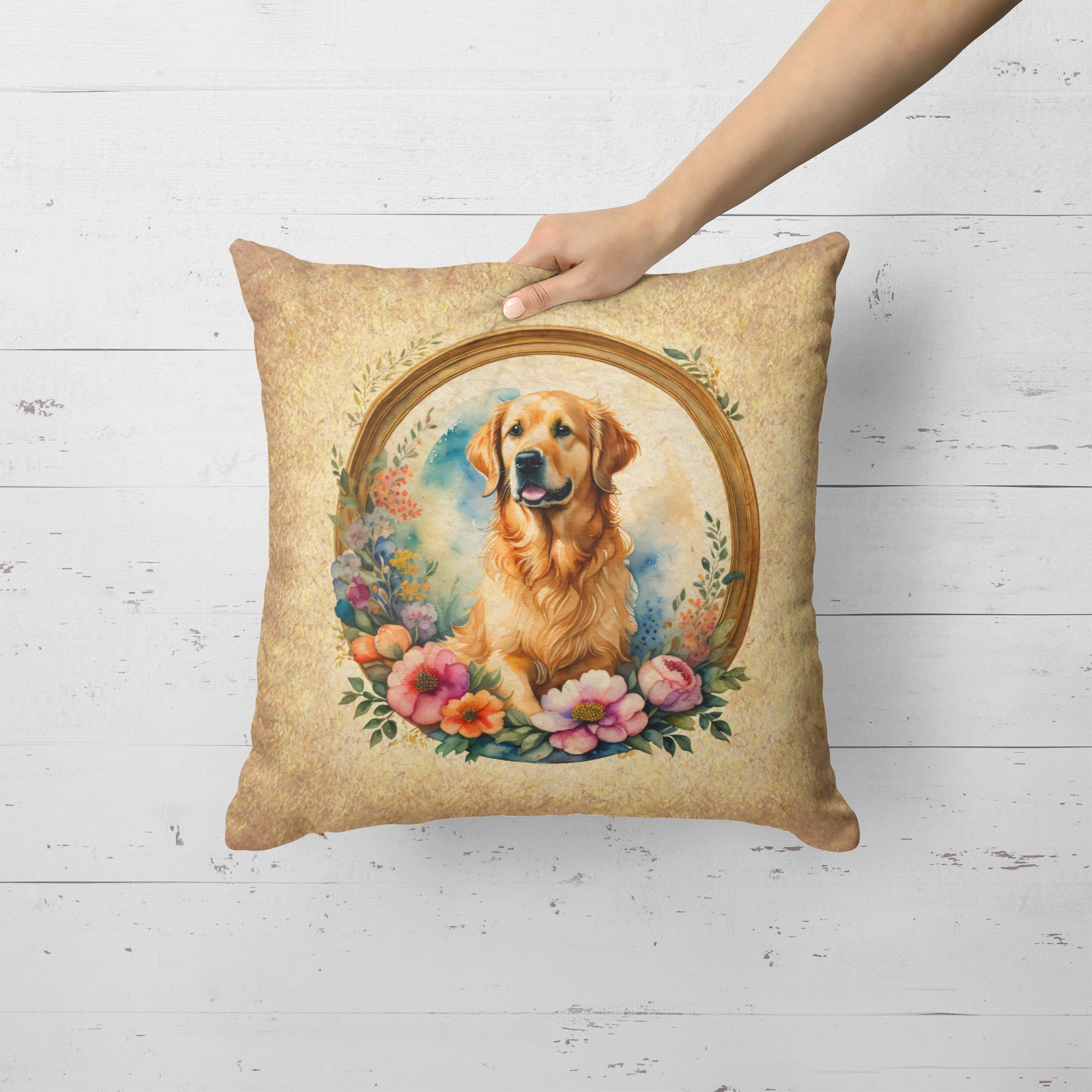 Golden Retriever and Flowers Decorative Throw Pillow 18x18 Indoor Outdoor Accent Cushion, Fabric Cover with Insert for Sofa, Bed, Porch & Living Room