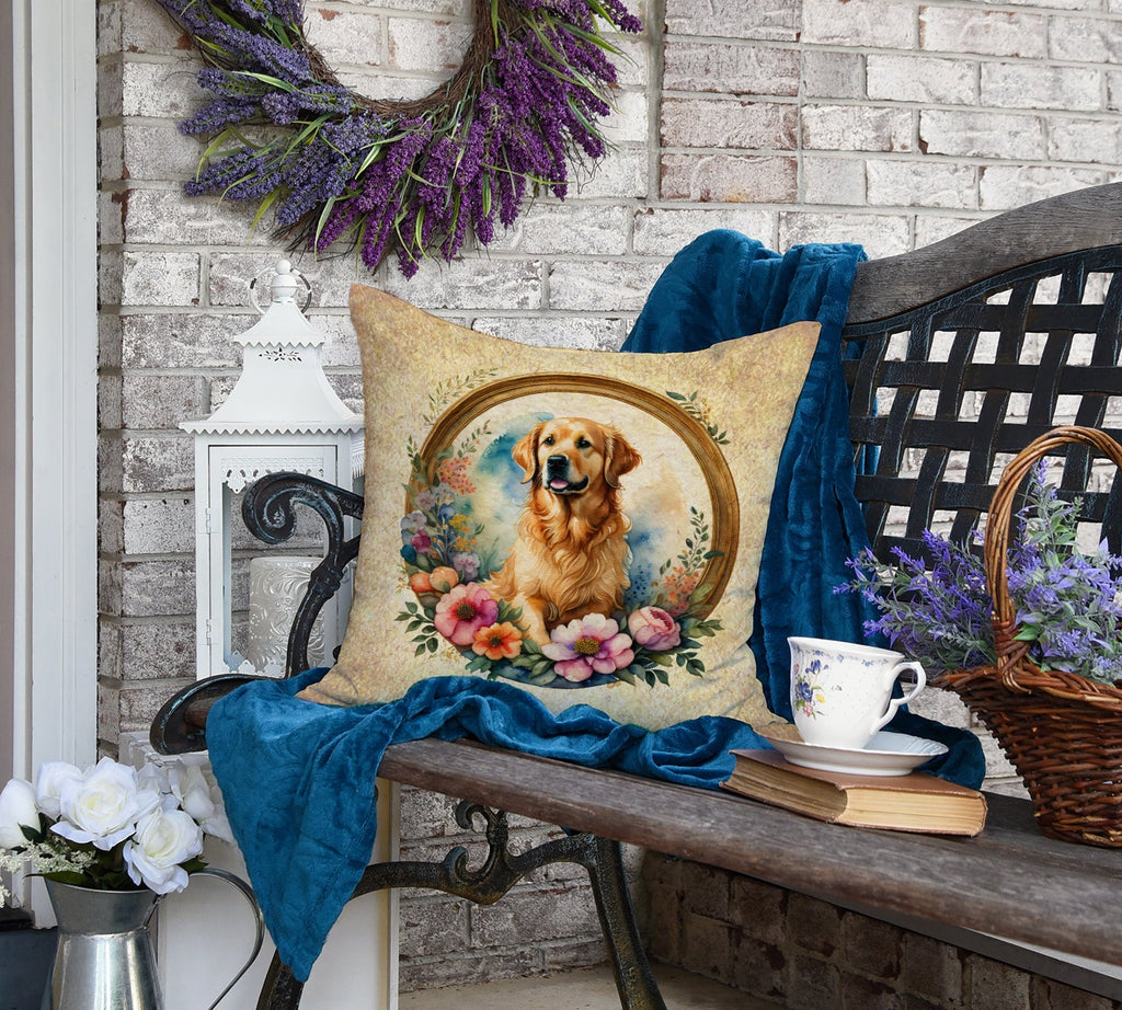 Golden Retriever and Flowers Decorative Throw Pillow 18x18 Indoor Outdoor Accent Cushion, Fabric Cover with Insert for Sofa, Bed, Porch & Living Room