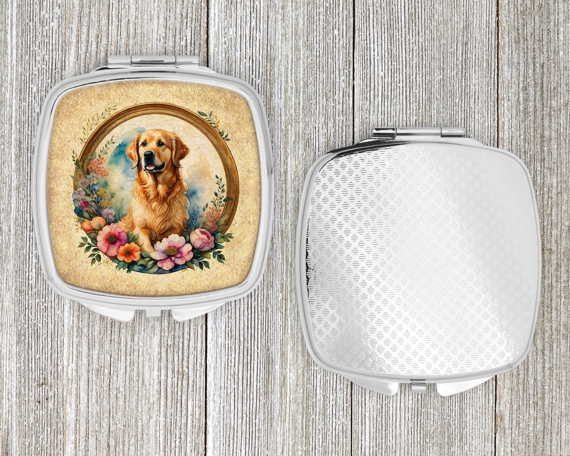 Golden Retriever and Flowers Compact Mirror Decorative Travel Makeup Mirror for Women Girls Gifts Pocket Makeup Mirror Folding Handheld