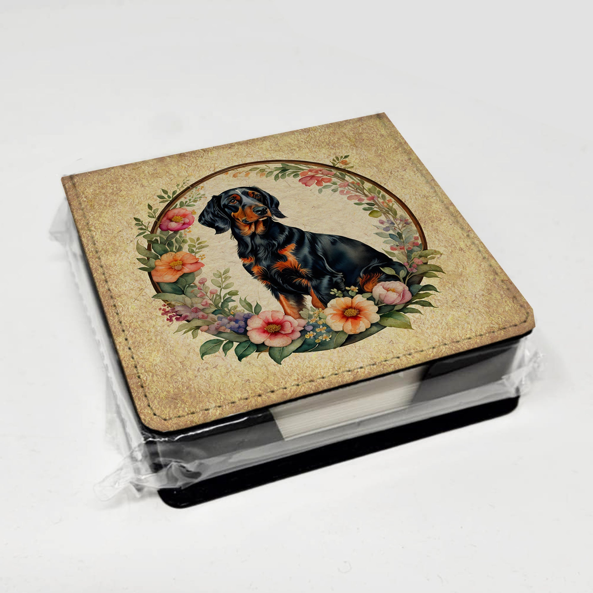 Gordon Setter and Flowers PU Leather Note Paper Holder with Artist-Designed Cover, Desk Accessory, Office Gift