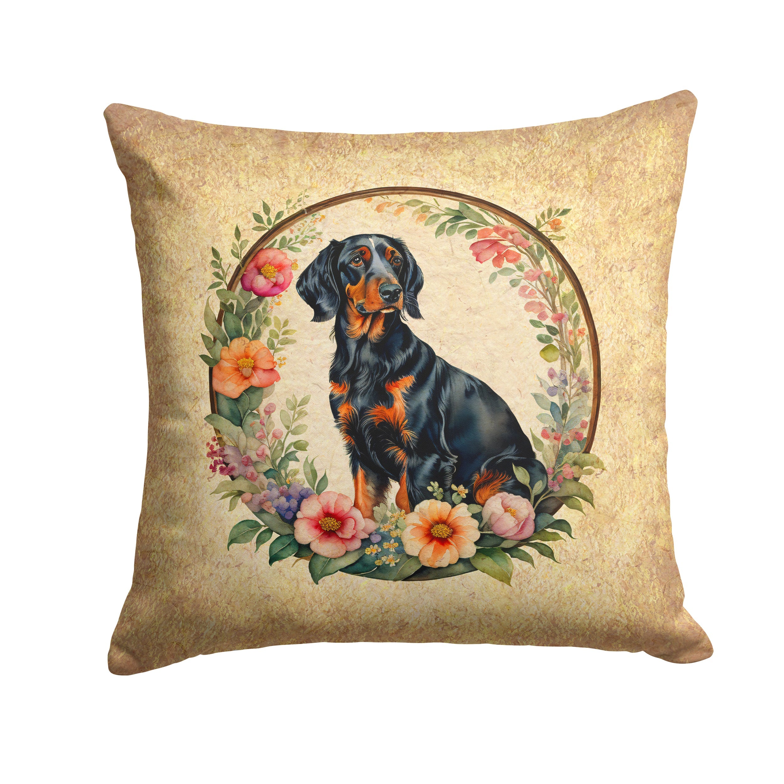 Gordon Setter and Flowers Decorative Throw Pillow 14x14 Indoor Outdoor Accent Cushion, Fabric Cover with Insert for Sofa, Bed, Porch & Living Room