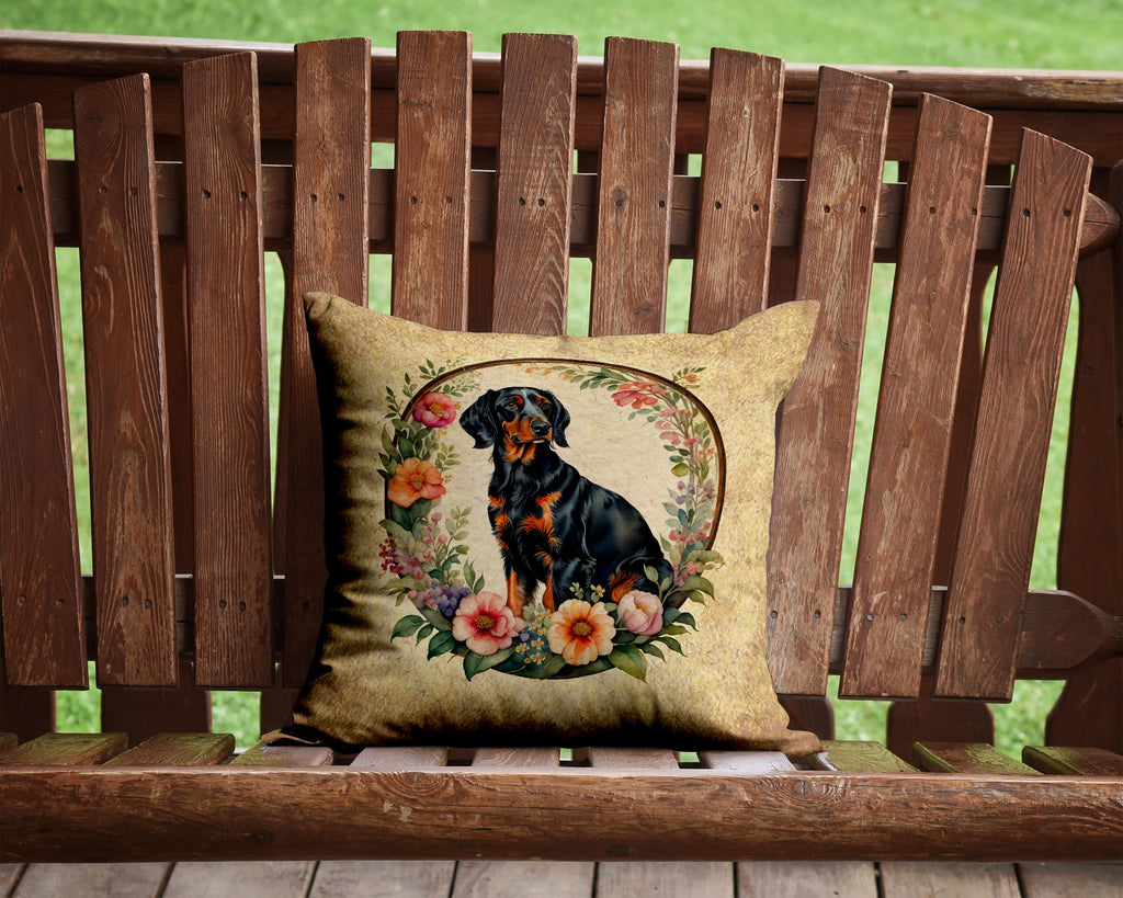 Gordon Setter and Flowers Decorative Throw Pillow 14x14 Indoor Outdoor Accent Cushion, Fabric Cover with Insert for Sofa, Bed, Porch & Living Room
