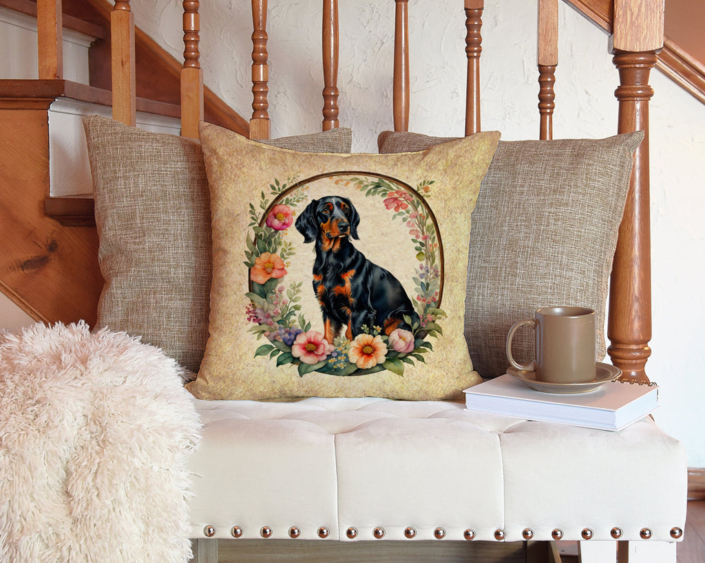 Gordon Setter and Flowers Decorative Throw Pillow 14x14 Indoor Outdoor Accent Cushion, Fabric Cover with Insert for Sofa, Bed, Porch & Living Room