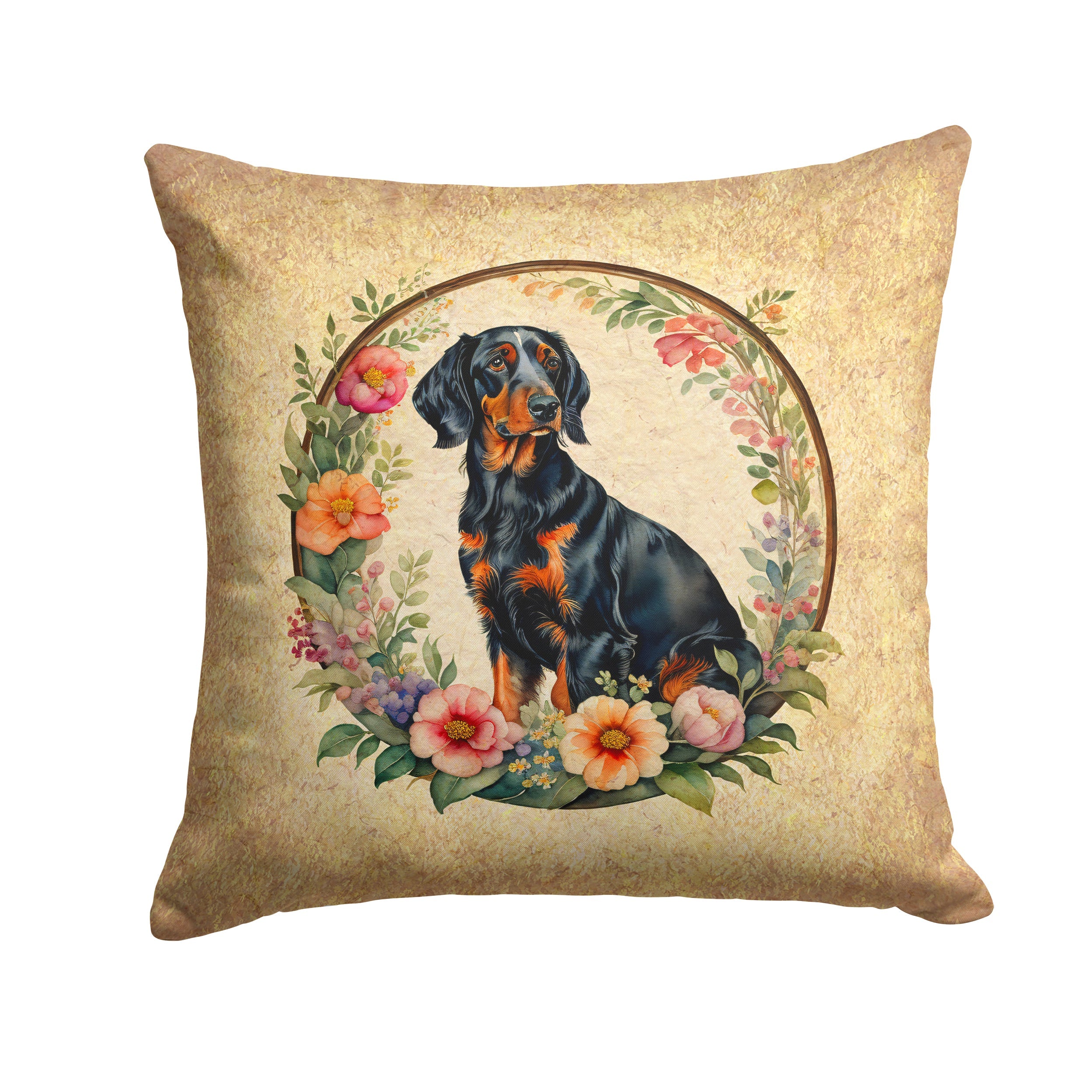 Gordon Setter and Flowers Decorative Throw Pillow 18x18 Indoor Outdoor Accent Cushion, Fabric Cover with Insert for Sofa, Bed, Porch & Living Room