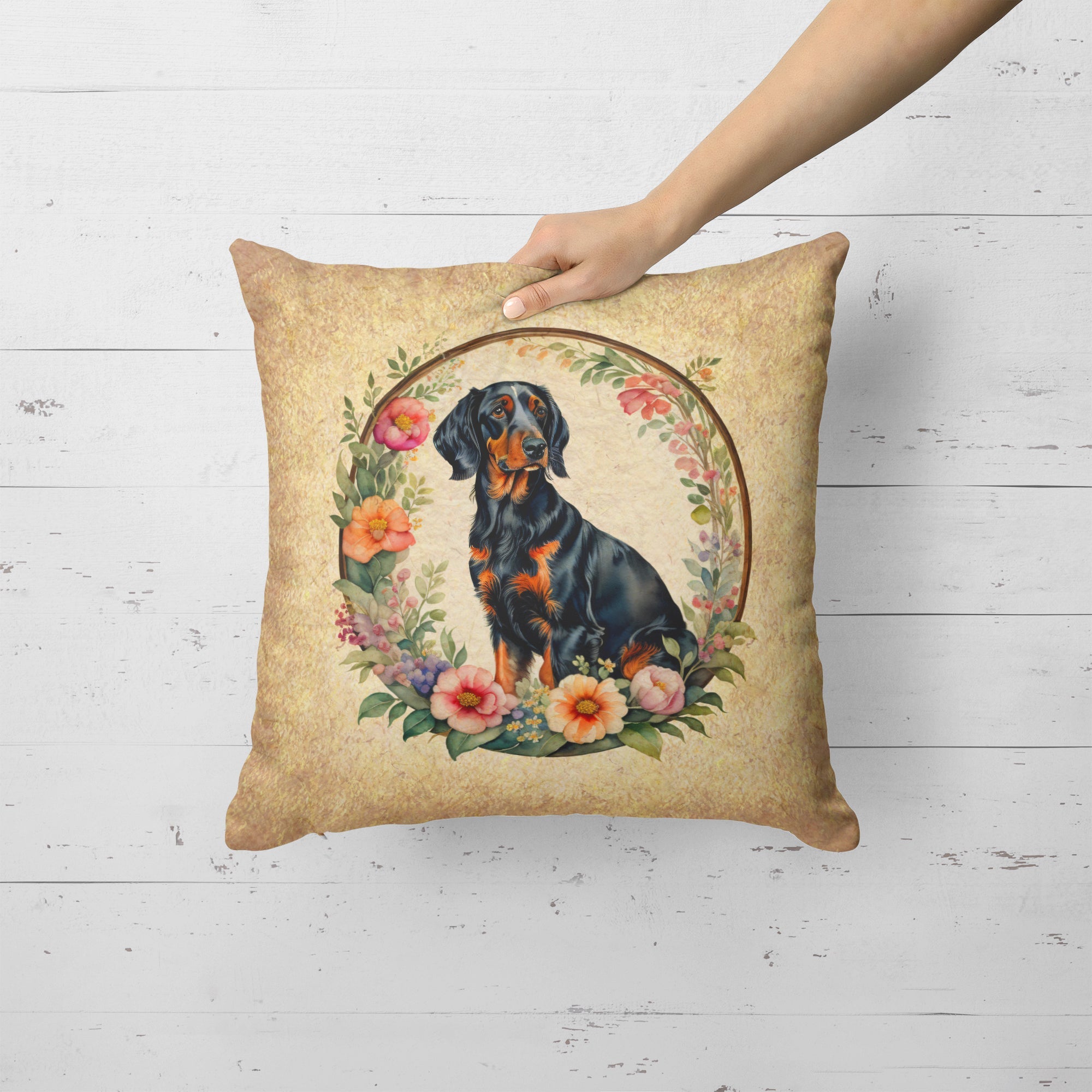 Gordon Setter and Flowers Decorative Throw Pillow 18x18 Indoor Outdoor Accent Cushion, Fabric Cover with Insert for Sofa, Bed, Porch & Living Room