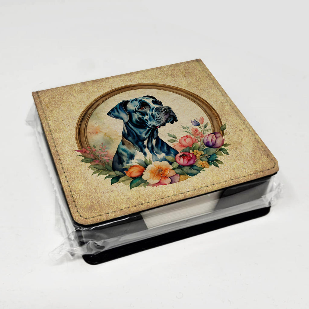 Great Dane and Flowers PU Leather Note Paper Holder with Artist-Designed Cover, Desk Accessory, Office Gift