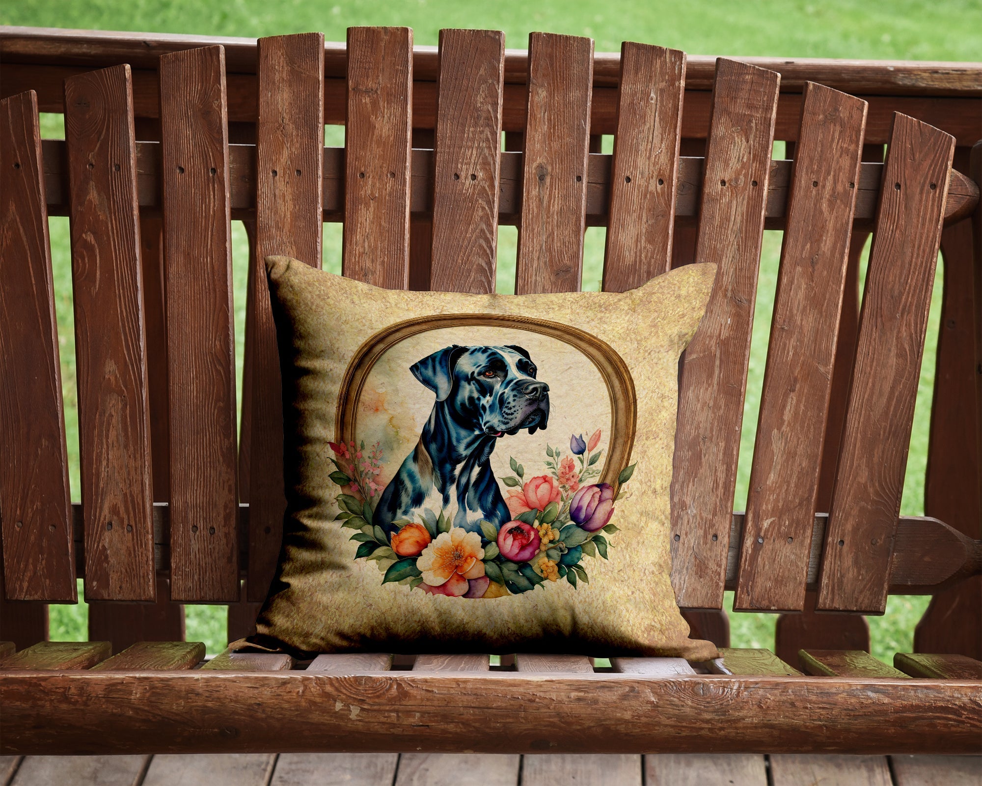 Great Dane and Flowers Decorative Throw Pillow 14x14 Indoor Outdoor Accent Cushion, Fabric Cover with Insert for Sofa, Bed, Porch & Living Room