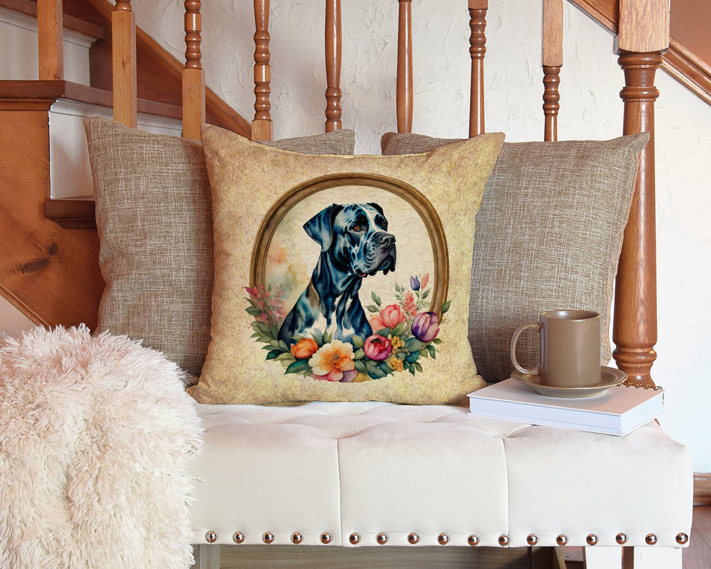 Great Dane and Flowers Decorative Throw Pillow 14x14 Indoor Outdoor Accent Cushion, Fabric Cover with Insert for Sofa, Bed, Porch & Living Room