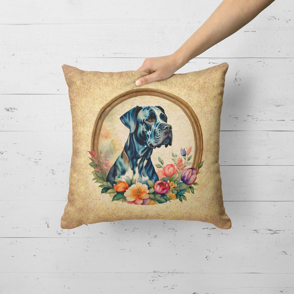 Great Dane and Flowers Decorative Throw Pillow 18x18 Indoor Outdoor Accent Cushion, Fabric Cover with Insert for Sofa, Bed, Porch & Living Room