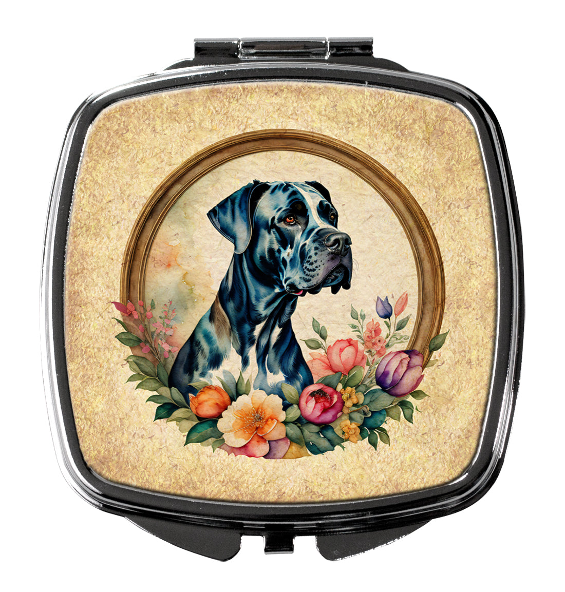 Great Dane and Flowers Compact Mirror Decorative Travel Makeup Mirror for Women Girls Gifts Pocket Makeup Mirror Folding Handheld