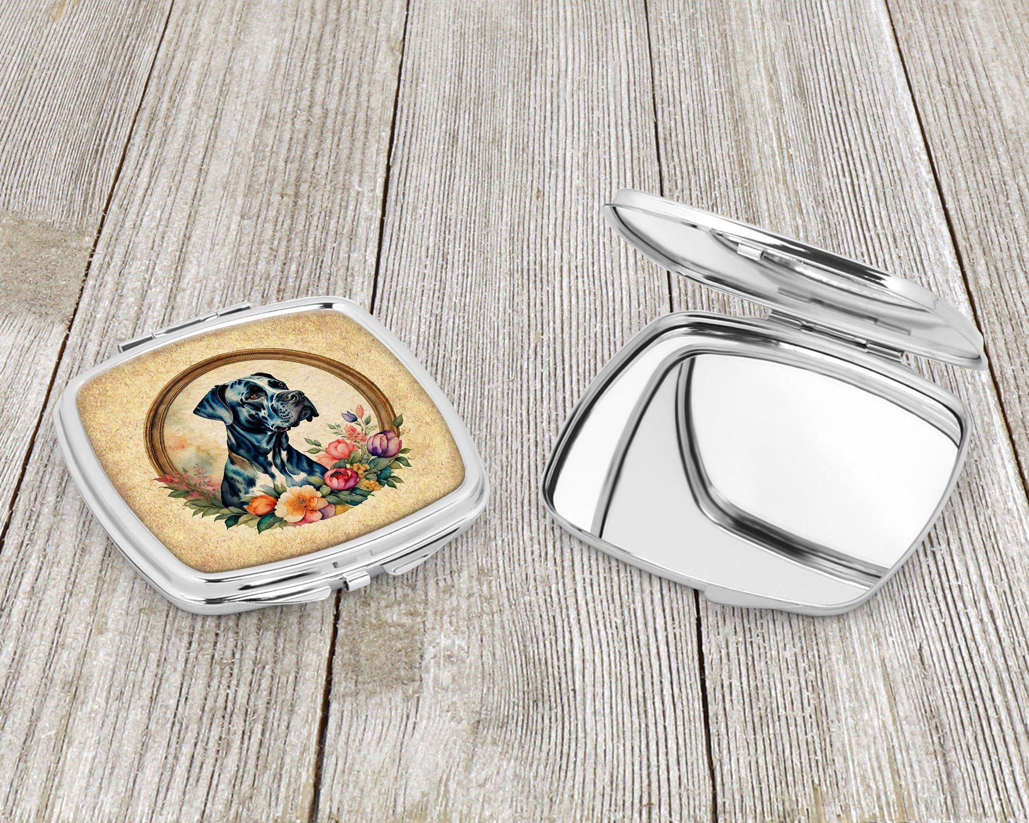 Great Dane and Flowers Compact Mirror Decorative Travel Makeup Mirror for Women Girls Gifts Pocket Makeup Mirror Folding Handheld
