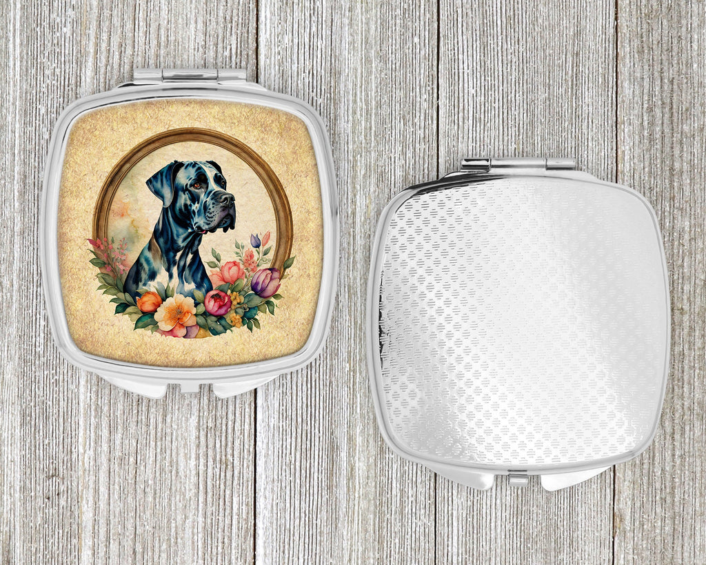 Great Dane and Flowers Compact Mirror Decorative Travel Makeup Mirror for Women Girls Gifts Pocket Makeup Mirror Folding Handheld
