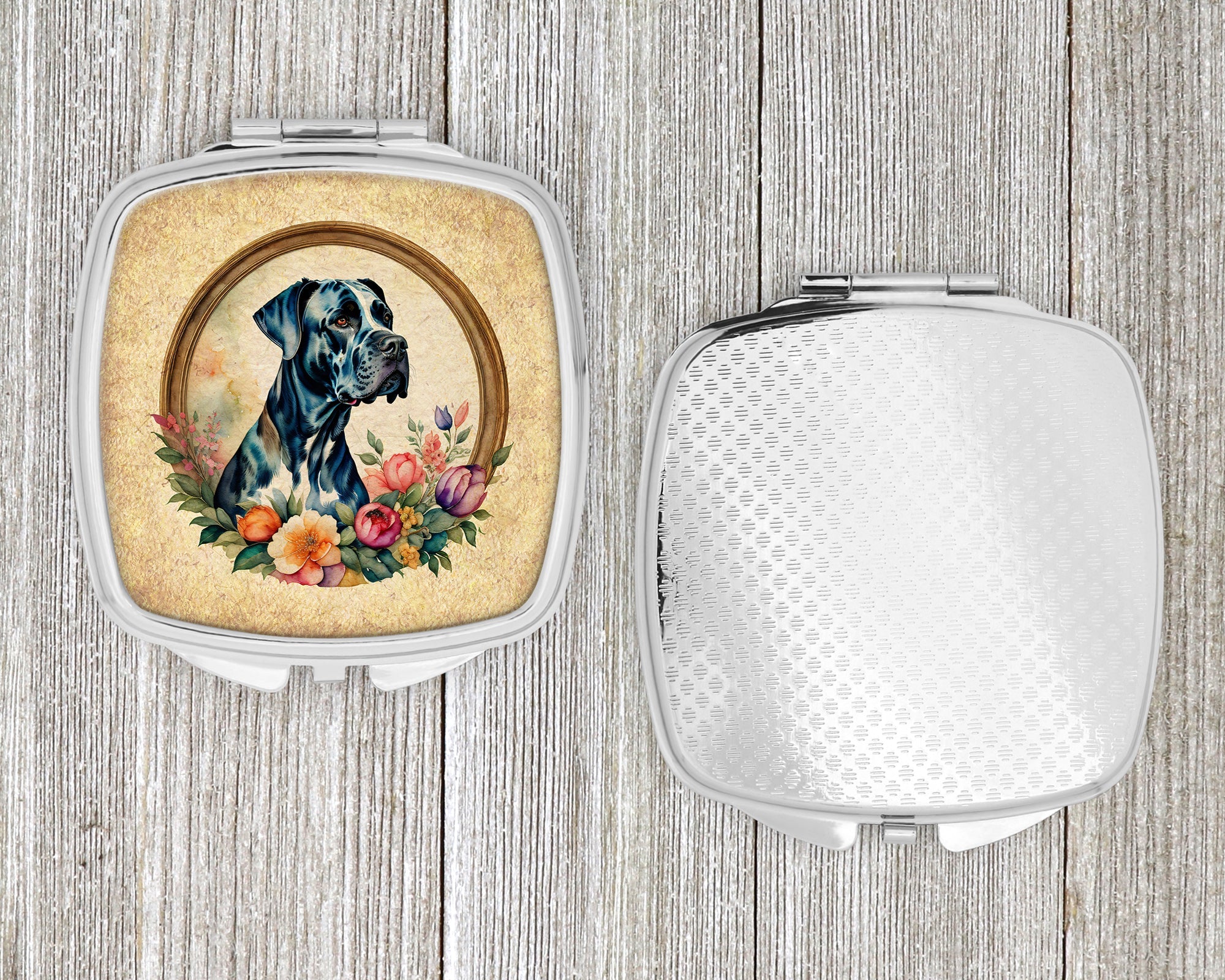 Great Dane and Flowers Compact Mirror Decorative Travel Makeup Mirror for Women Girls Gifts Pocket Makeup Mirror Folding Handheld