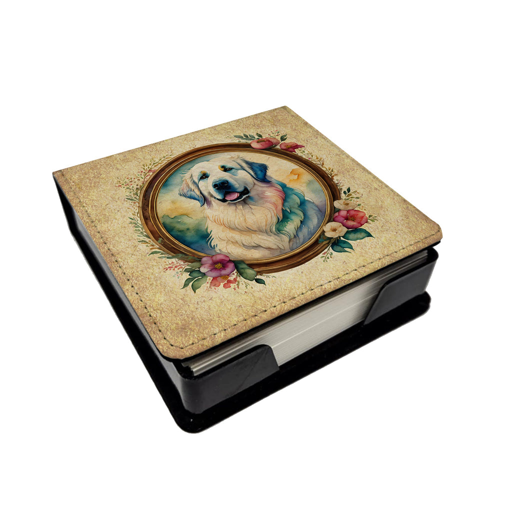 Great Pyrenees and Flowers PU Leather Note Paper Holder with Artist-Designed Cover, Desk Accessory, Office Gift