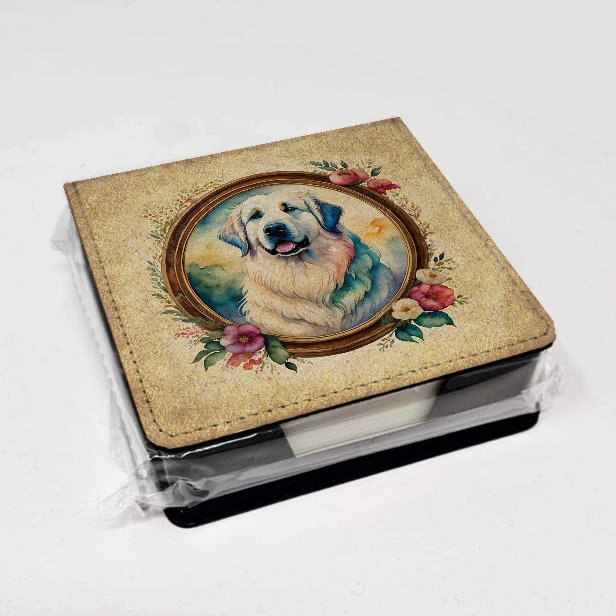 Great Pyrenees and Flowers PU Leather Note Paper Holder with Artist-Designed Cover, Desk Accessory, Office Gift