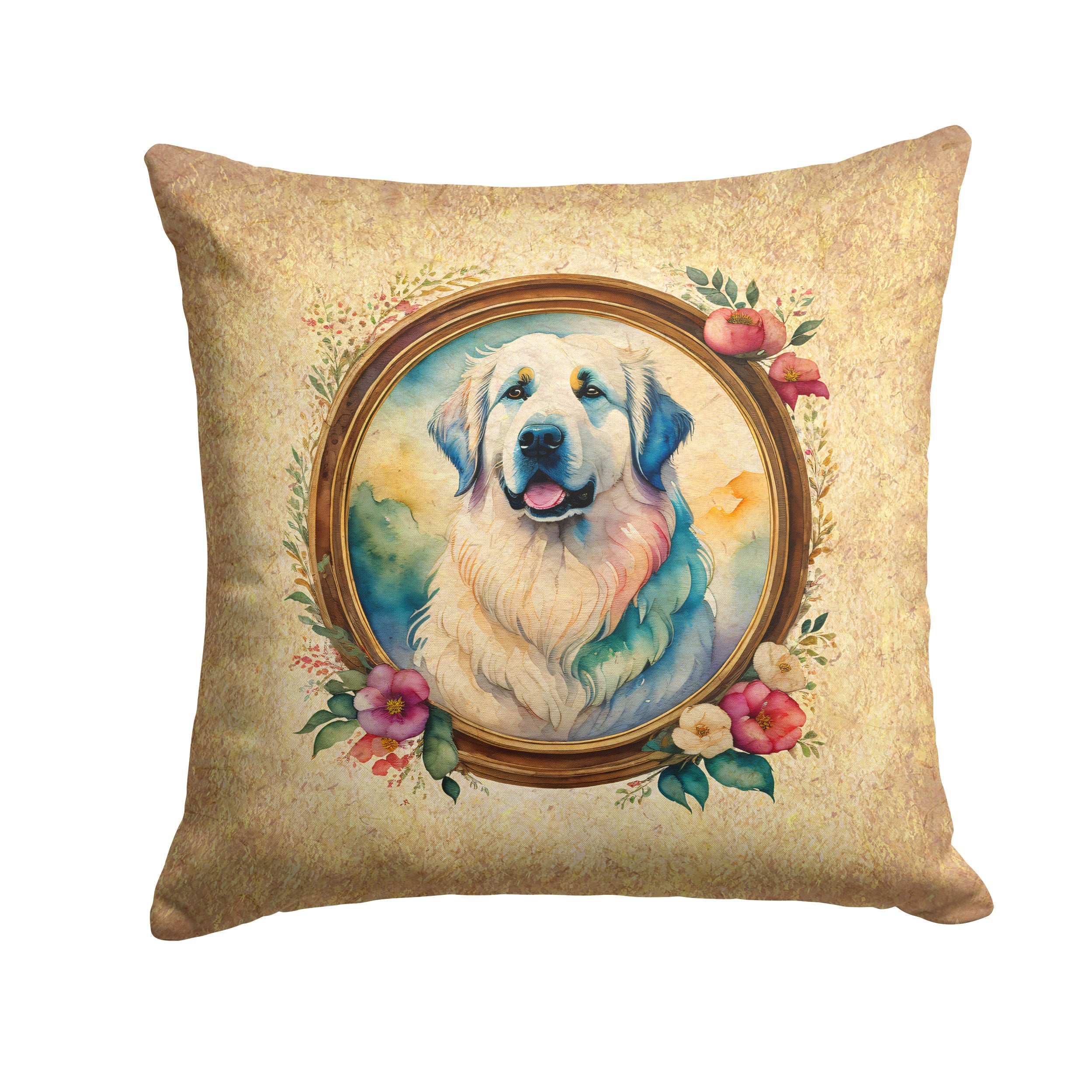 Great Pyrenees and Flowers Decorative Throw Pillow 14x14 Indoor Outdoor Accent Cushion, Fabric Cover with Insert for Sofa, Bed, Porch & Living Room