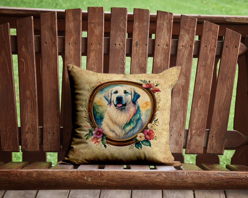 Great Pyrenees and Flowers Decorative Throw Pillow 14x14 Indoor Outdoor Accent Cushion, Fabric Cover with Insert for Sofa, Bed, Porch & Living Room