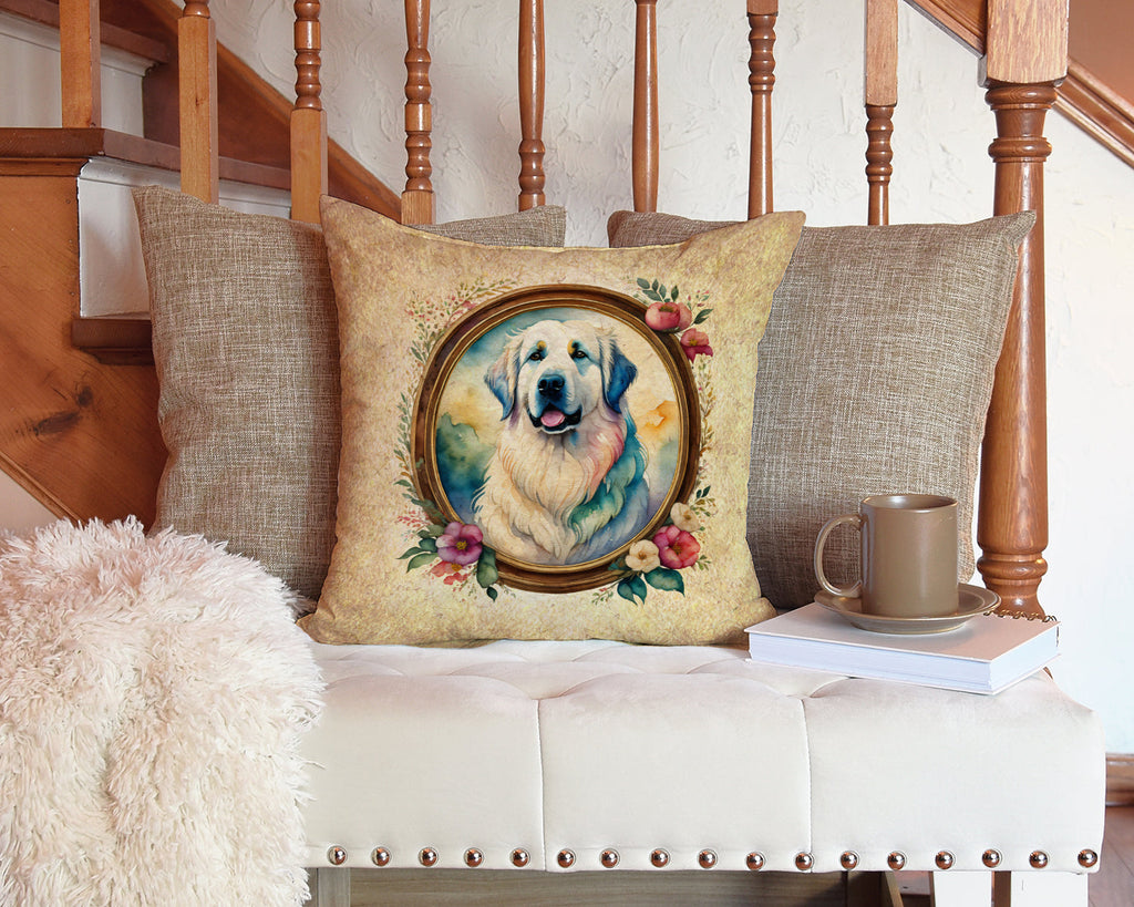 Great Pyrenees and Flowers Decorative Throw Pillow 14x14 Indoor Outdoor Accent Cushion, Fabric Cover with Insert for Sofa, Bed, Porch & Living Room