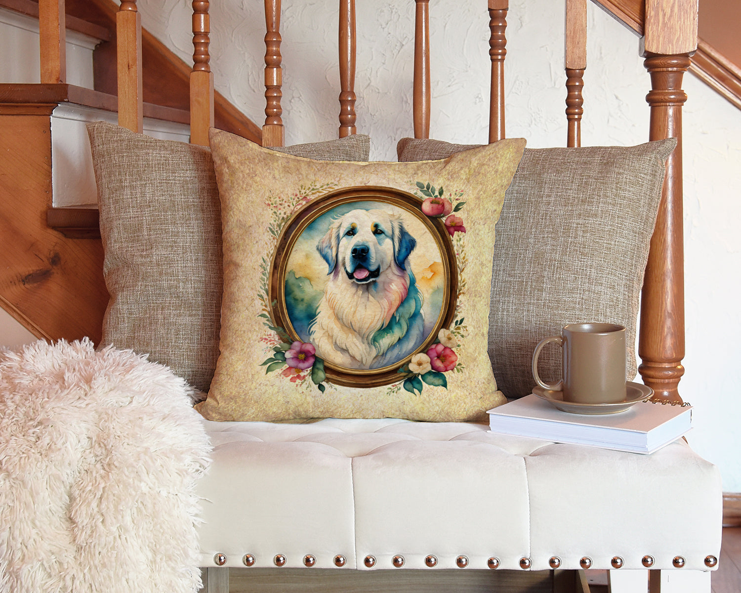 Great Pyrenees and Flowers Decorative Throw Pillow 14x14 Indoor Outdoor Accent Cushion, Fabric Cover with Insert for Sofa, Bed, Porch & Living Room