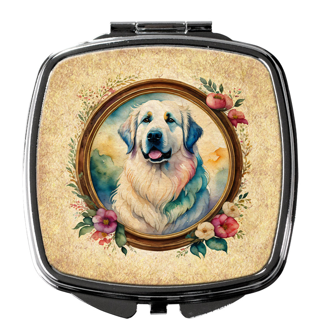 Great Pyrenees and Flowers Compact Mirror Decorative Travel Makeup Mirror for Women Girls Gifts Pocket Makeup Mirror Folding Handheld