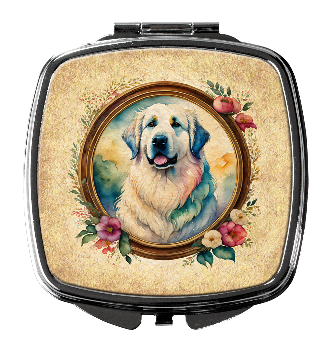 Great Pyrenees and Flowers Compact Mirror Decorative Travel Makeup Mirror for Women Girls Gifts Pocket Makeup Mirror Folding Handheld
