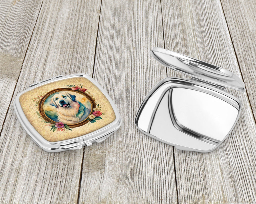 Great Pyrenees and Flowers Compact Mirror Decorative Travel Makeup Mirror for Women Girls Gifts Pocket Makeup Mirror Folding Handheld