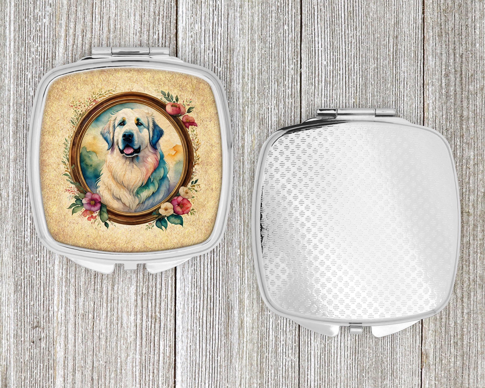 Great Pyrenees and Flowers Compact Mirror Decorative Travel Makeup Mirror for Women Girls Gifts Pocket Makeup Mirror Folding Handheld