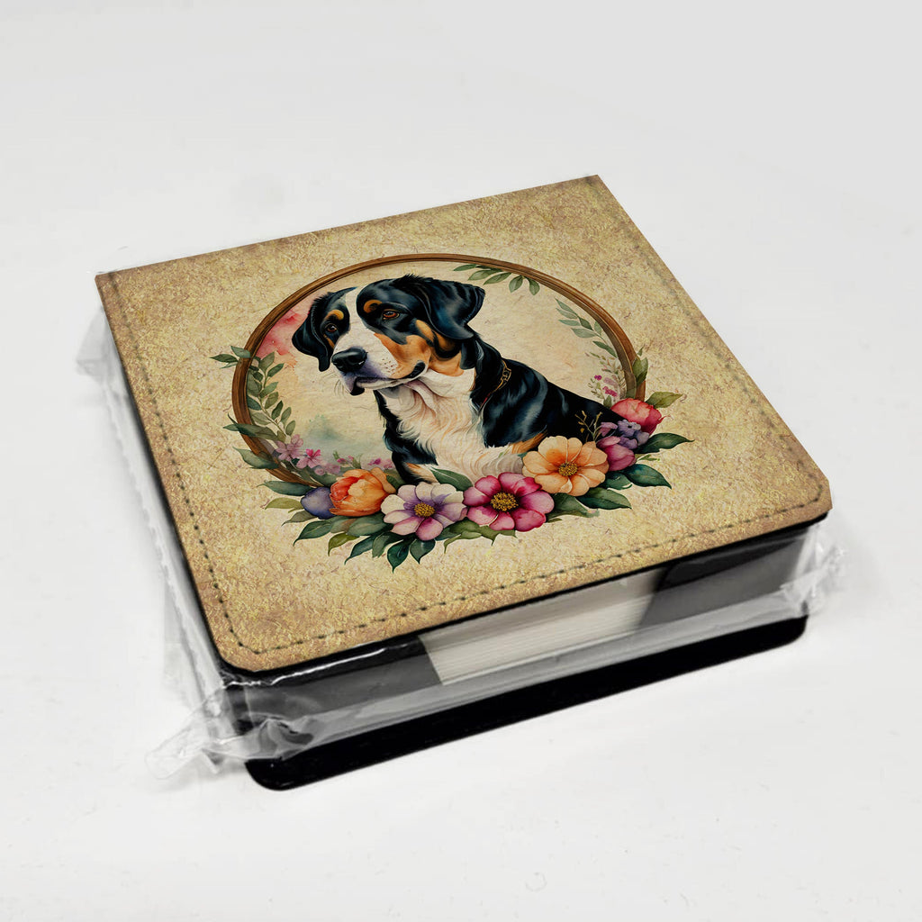 Greater Swiss Mountain Dog and Flowers PU Leather Note Paper Holder with Artist-Designed Cover, Desk Accessory, Office Gift