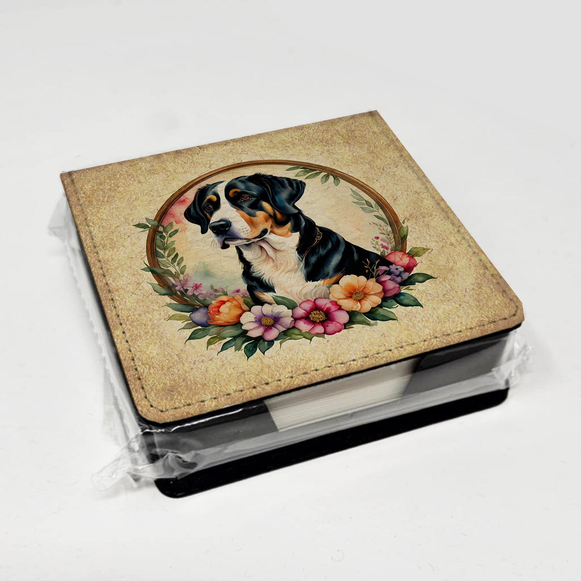 Greater Swiss Mountain Dog and Flowers PU Leather Note Paper Holder with Artist-Designed Cover, Desk Accessory, Office Gift