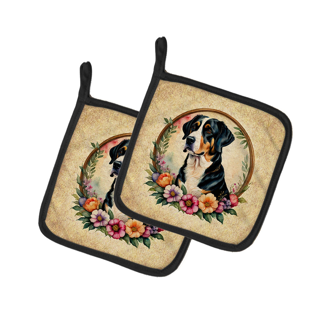 Greater Swiss Mountain Dog and Flowers Pot Holder Set of 2 Heat Resistant Quilted Hot Pads 7.5 x 7.5 Inch, Insulated Kitchen Trivets for Cooking & Baking
