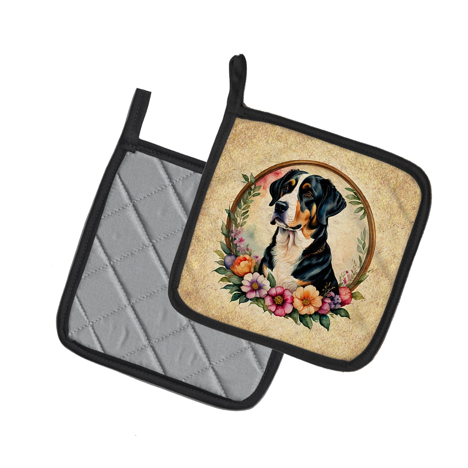 Greater Swiss Mountain Dog and Flowers Pot Holder Set of 2 Heat Resistant Quilted Hot Pads 7.5 x 7.5 Inch, Insulated Kitchen Trivets for Cooking & Baking